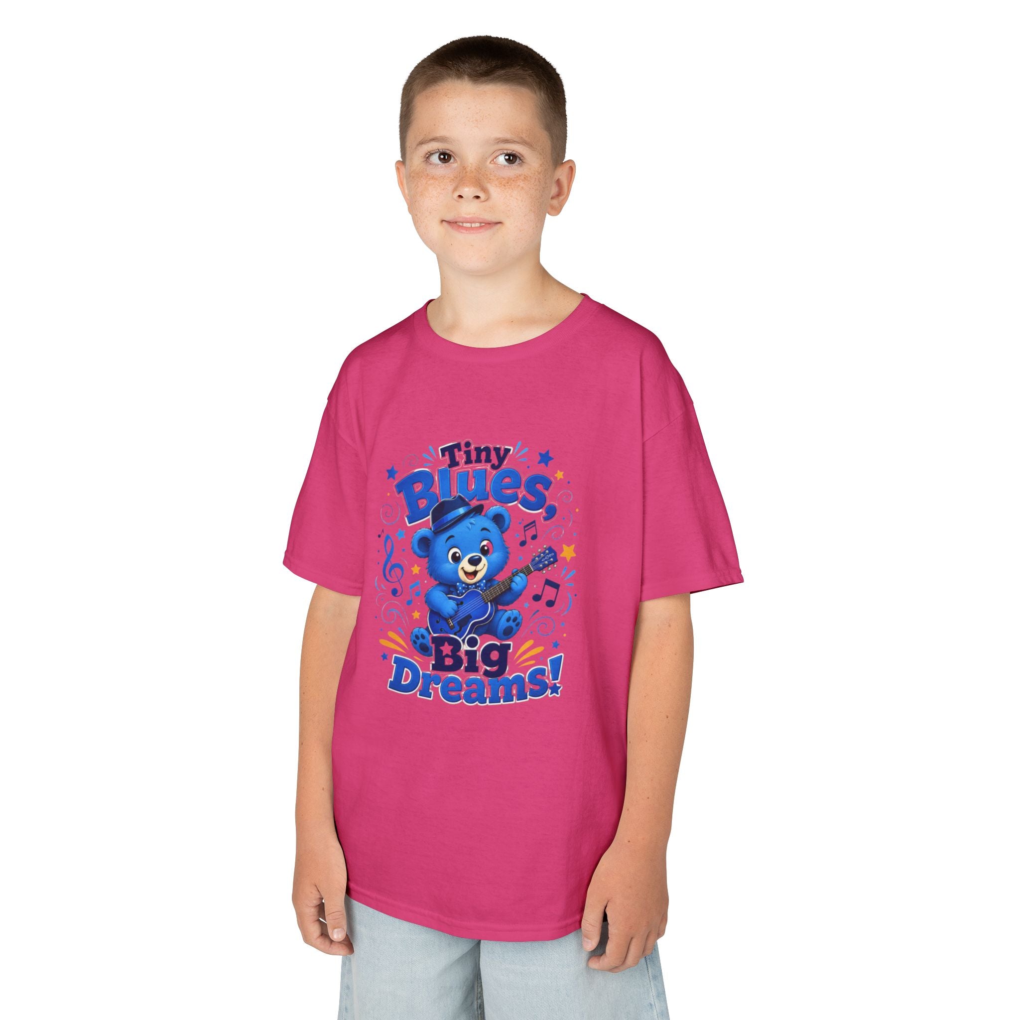 Kids Tee - "Tiny Blues, Big Dreams!" Cute Blue Bear Music Graphic