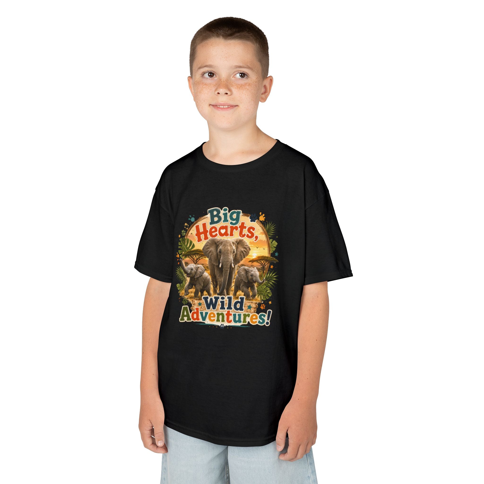 Kids T-Shirt — “Big Hearts, Wild Adventures!” Elephant Safari Shirt for Kids, Cute Animal Adventure Tee