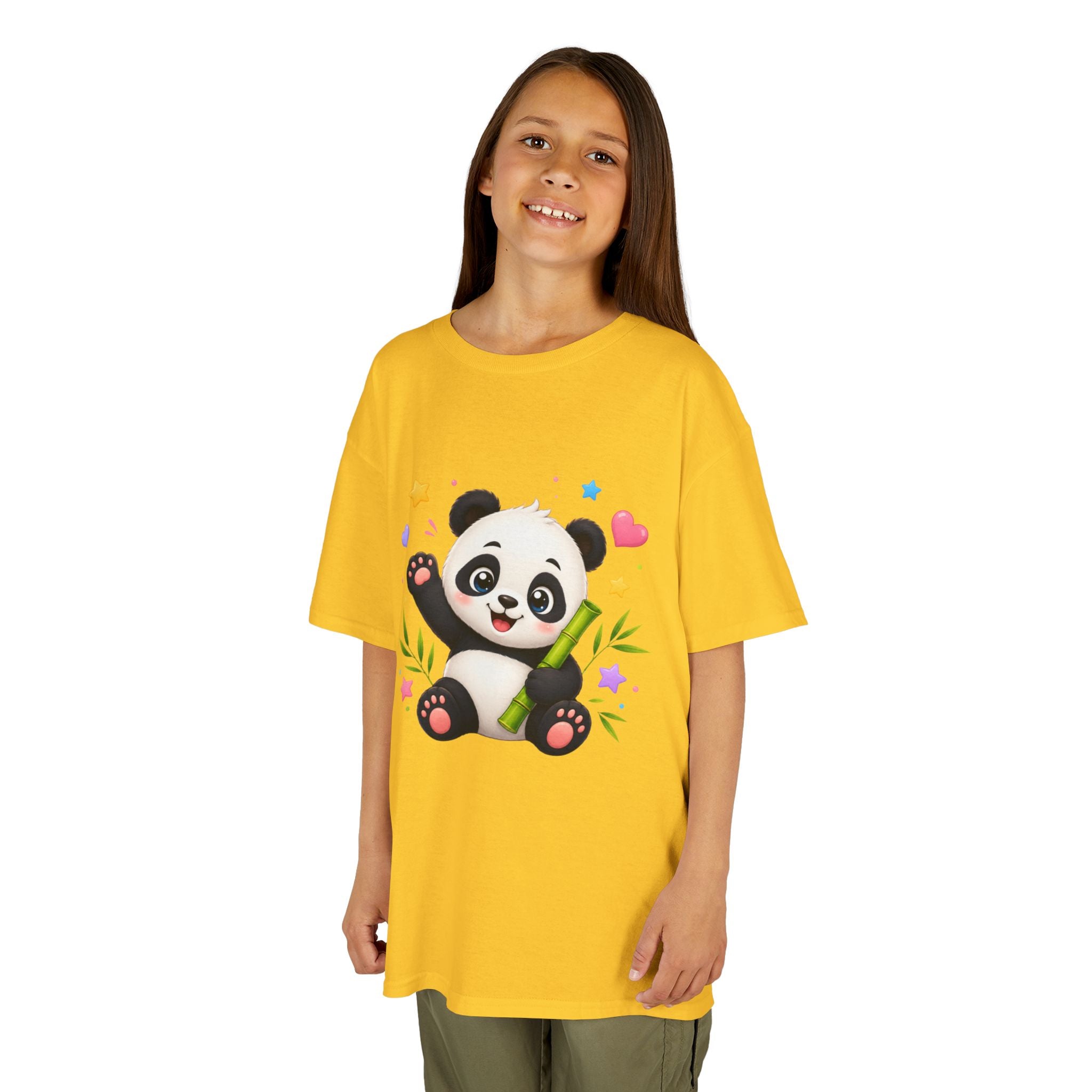 Cute Panda Kids T‑Shirt — Smiling Baby Panda with Hearts & Bamboo