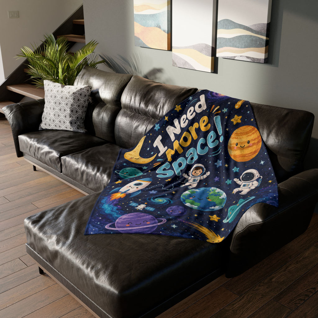 Space-Themed Throw Blanket - "I Need More Space!" Kids Astronaut Cozy Blanket