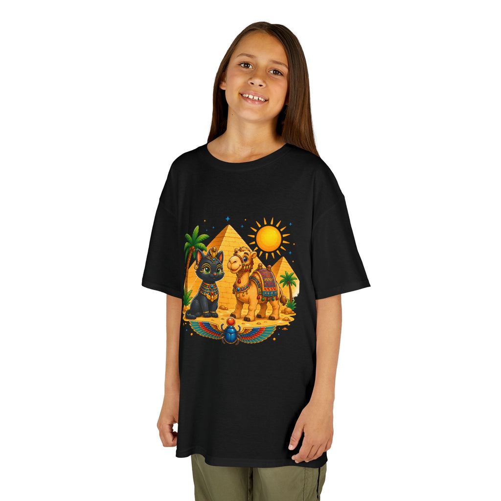 Egyptian Cats and Camel Kids Tee | Pyramid Desert Sun Illustration