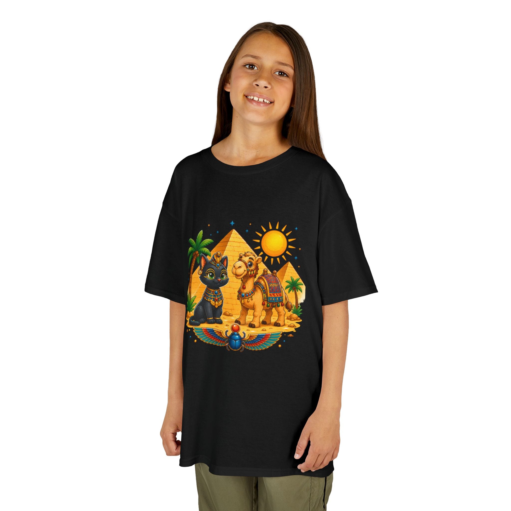 Egyptian Cats and Camel Kids Tee | Pyramid Desert Sun Illustration