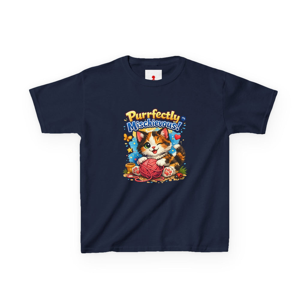 Kids T-Shirt — "Purrfectly Mischievous" Cute Kitten Playing with Yarn