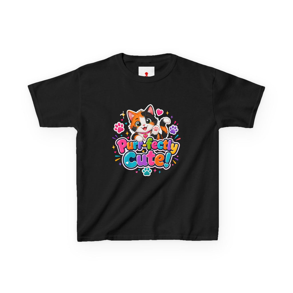 Kids Tee — “Purr-fectly Cute!” Colorful Calico Cat Graphic
