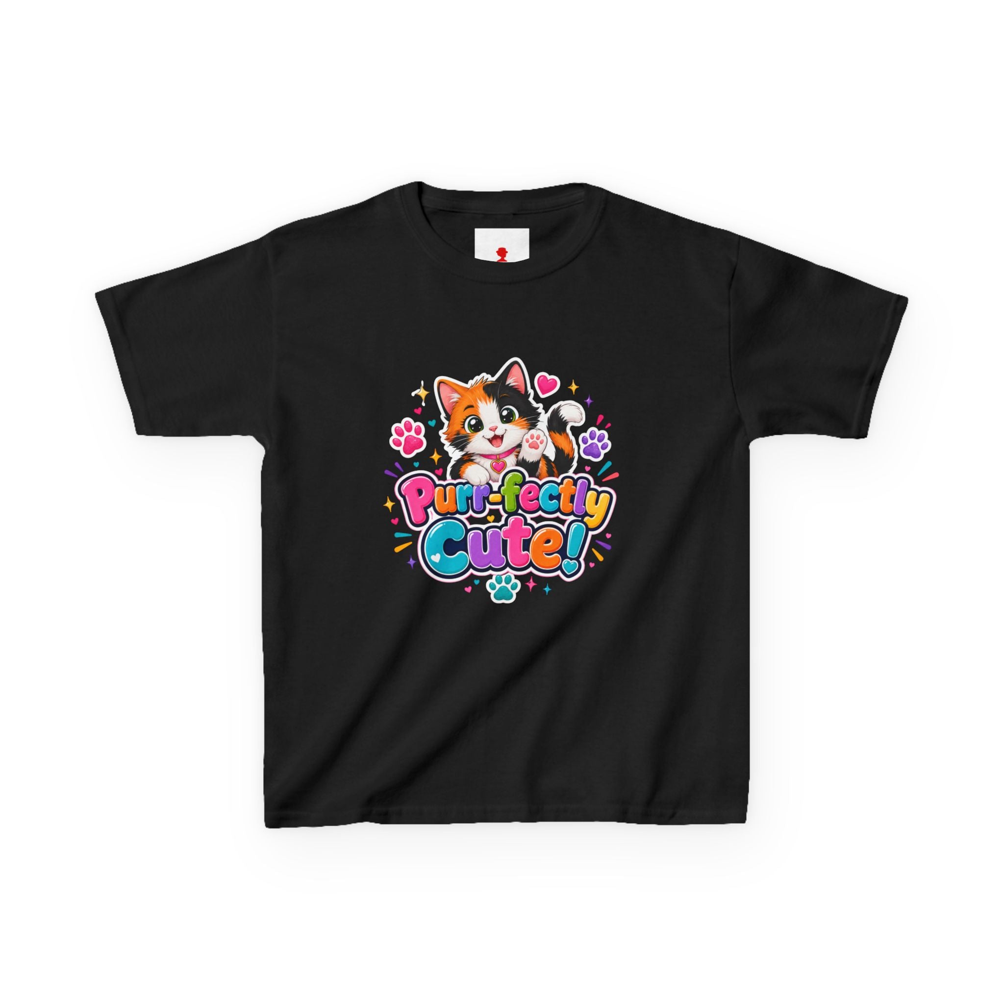 Kids Tee — “Purr-fectly Cute!” Colorful Calico Cat Graphic