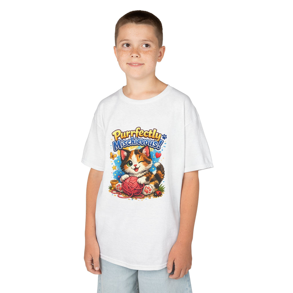 Kids T-Shirt — "Purrfectly Mischievous" Cute Kitten Playing with Yarn