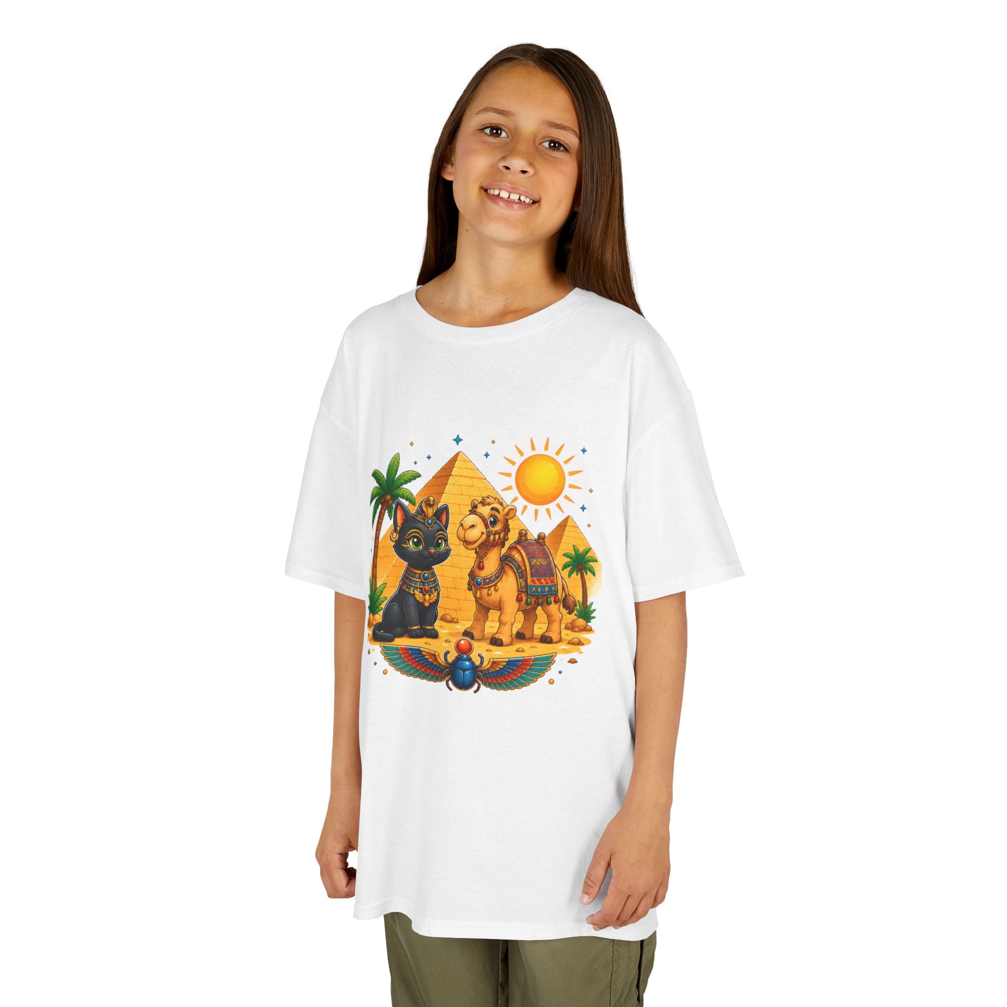 Egyptian Cats and Camel Kids Tee | Pyramid Desert Sun Illustration