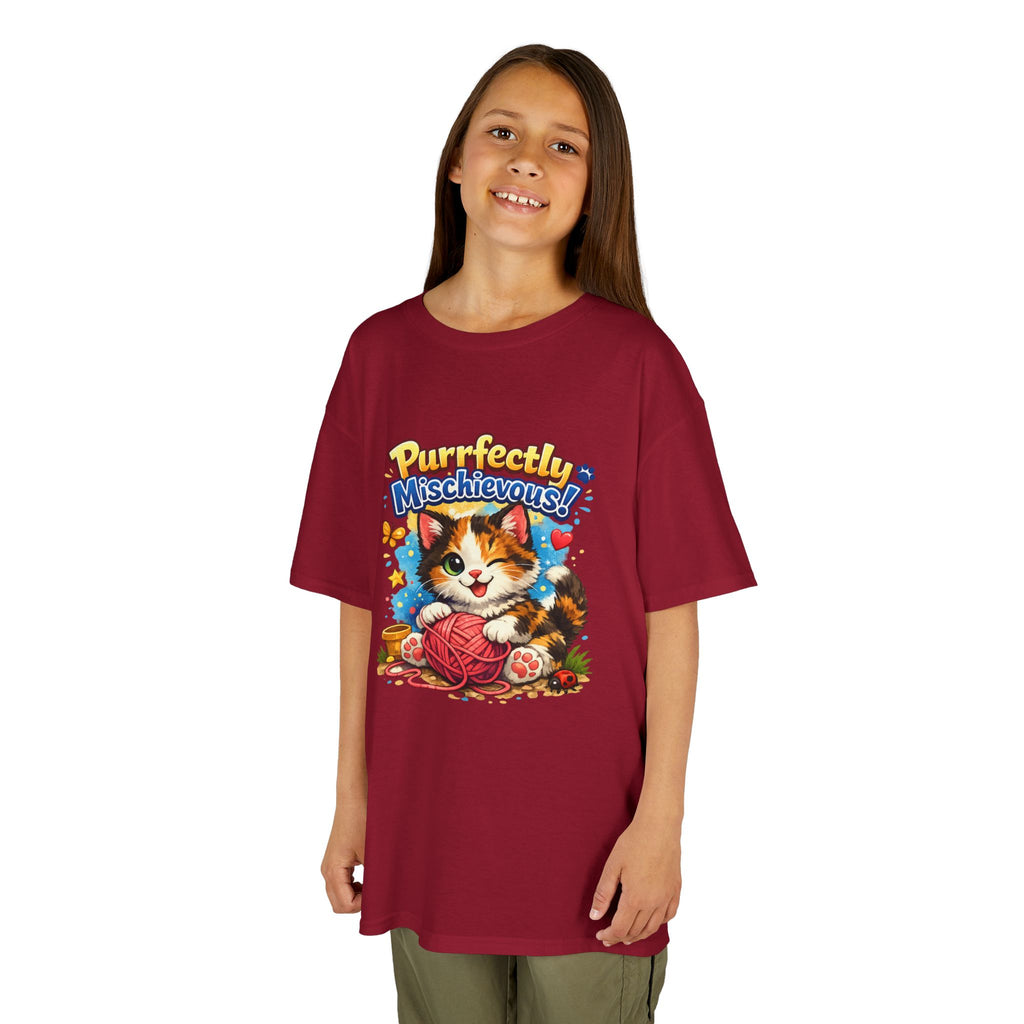 Kids T-Shirt — "Purrfectly Mischievous" Cute Kitten Playing with Yarn