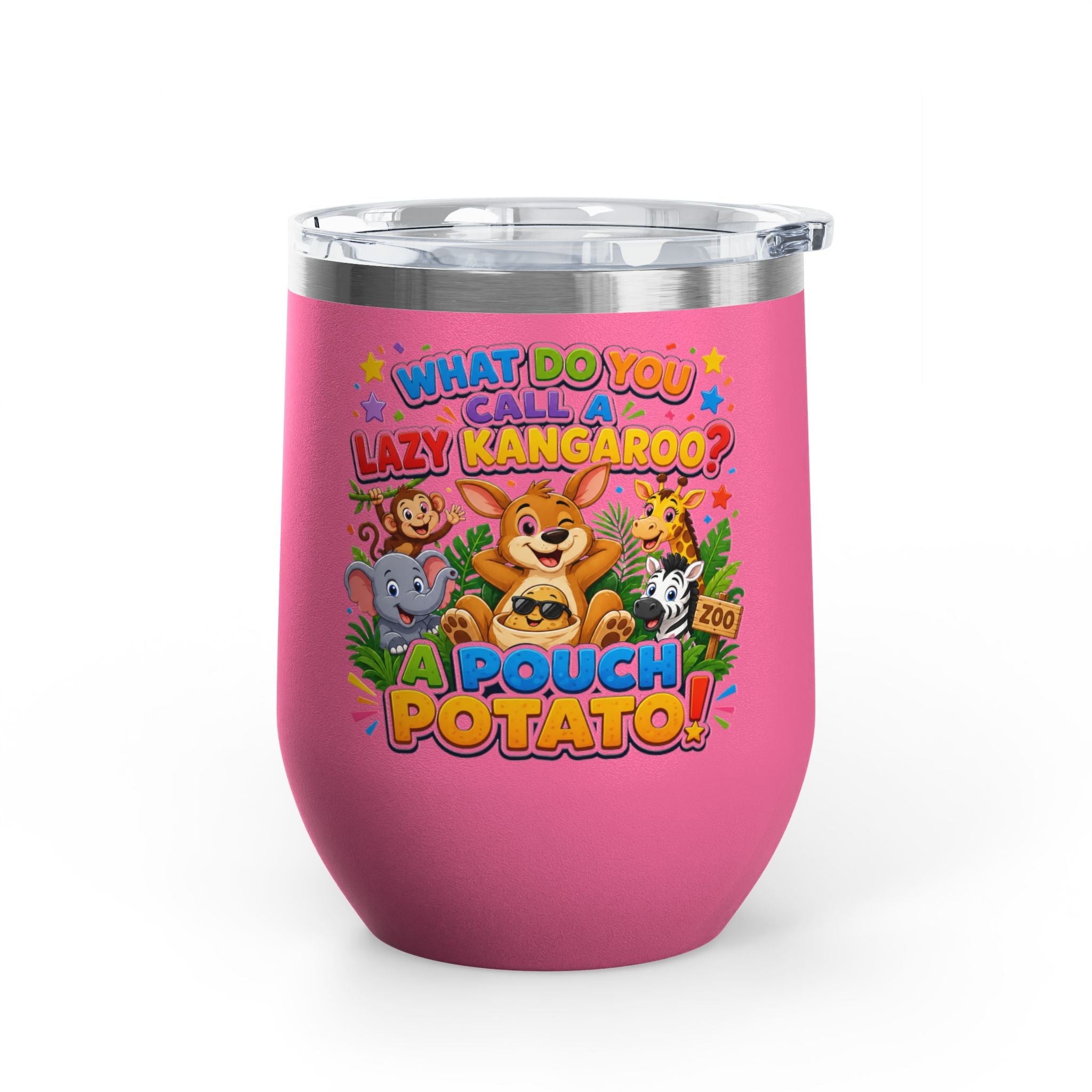 "What Do You Call a Lazy Kangaroo? A Pouch Potato!" Cute Animal Joke 12oz Insulated Tumbler