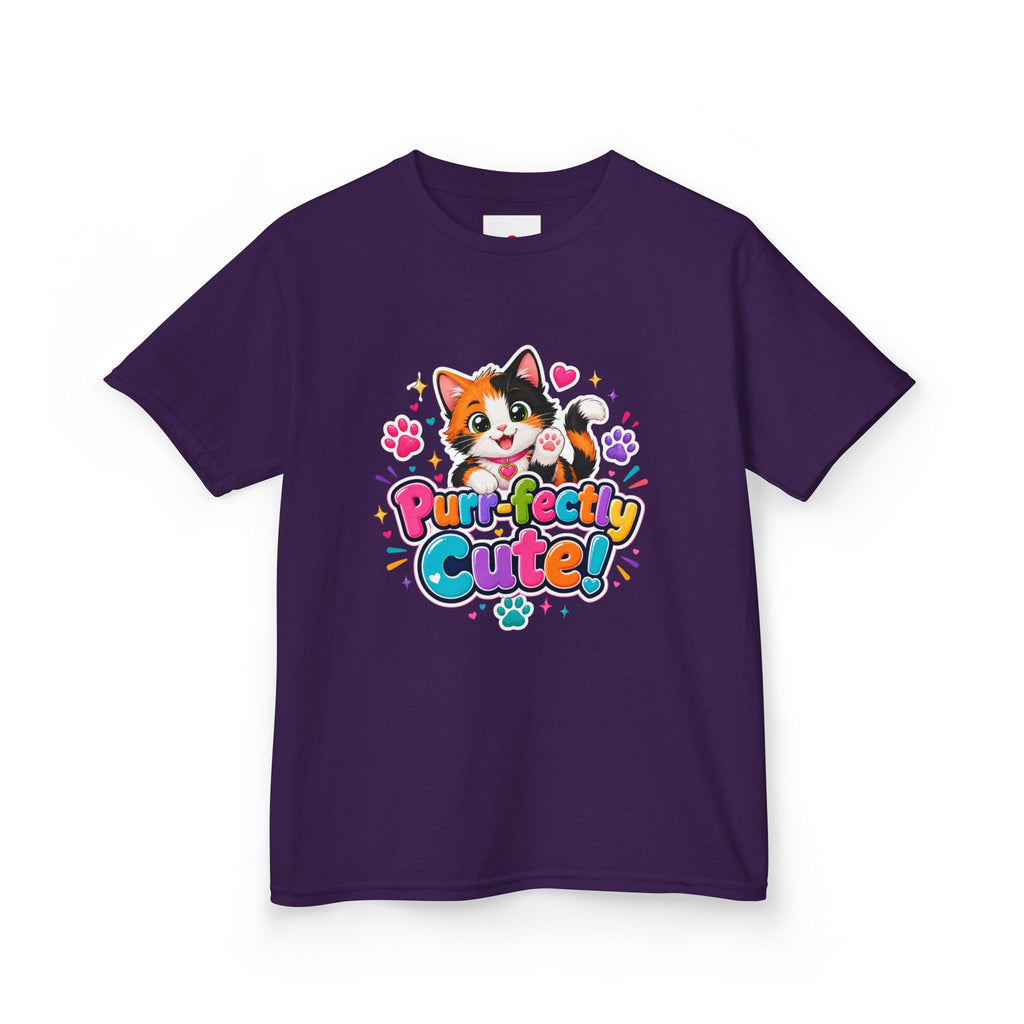 Kids Tee — “Purr-fectly Cute!” Colorful Calico Cat Graphic