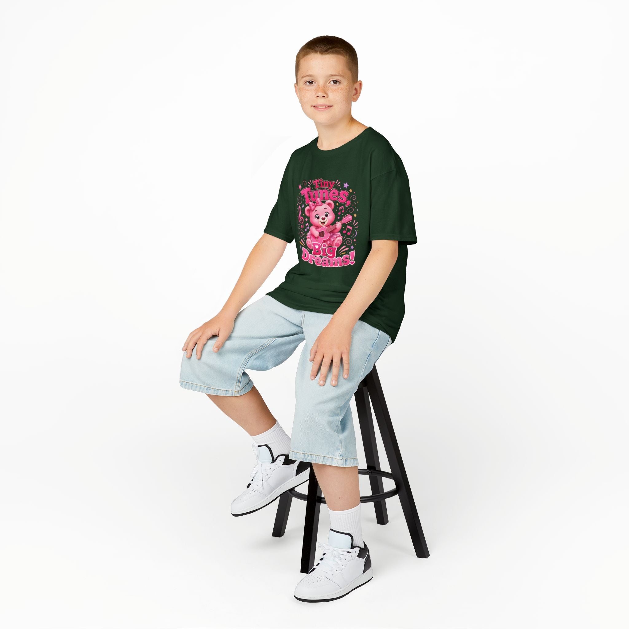 Kids T-Shirt — "Tiny Tunes, Big Dreams" Cute Pink Bear Music Tee