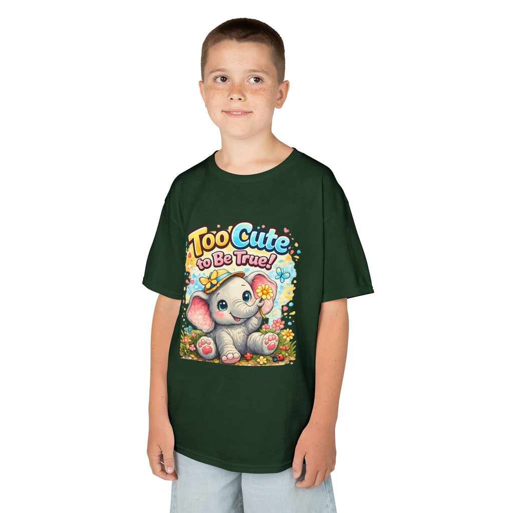 Kids Tee — "Too Cute to Be True" Elephant Graphic