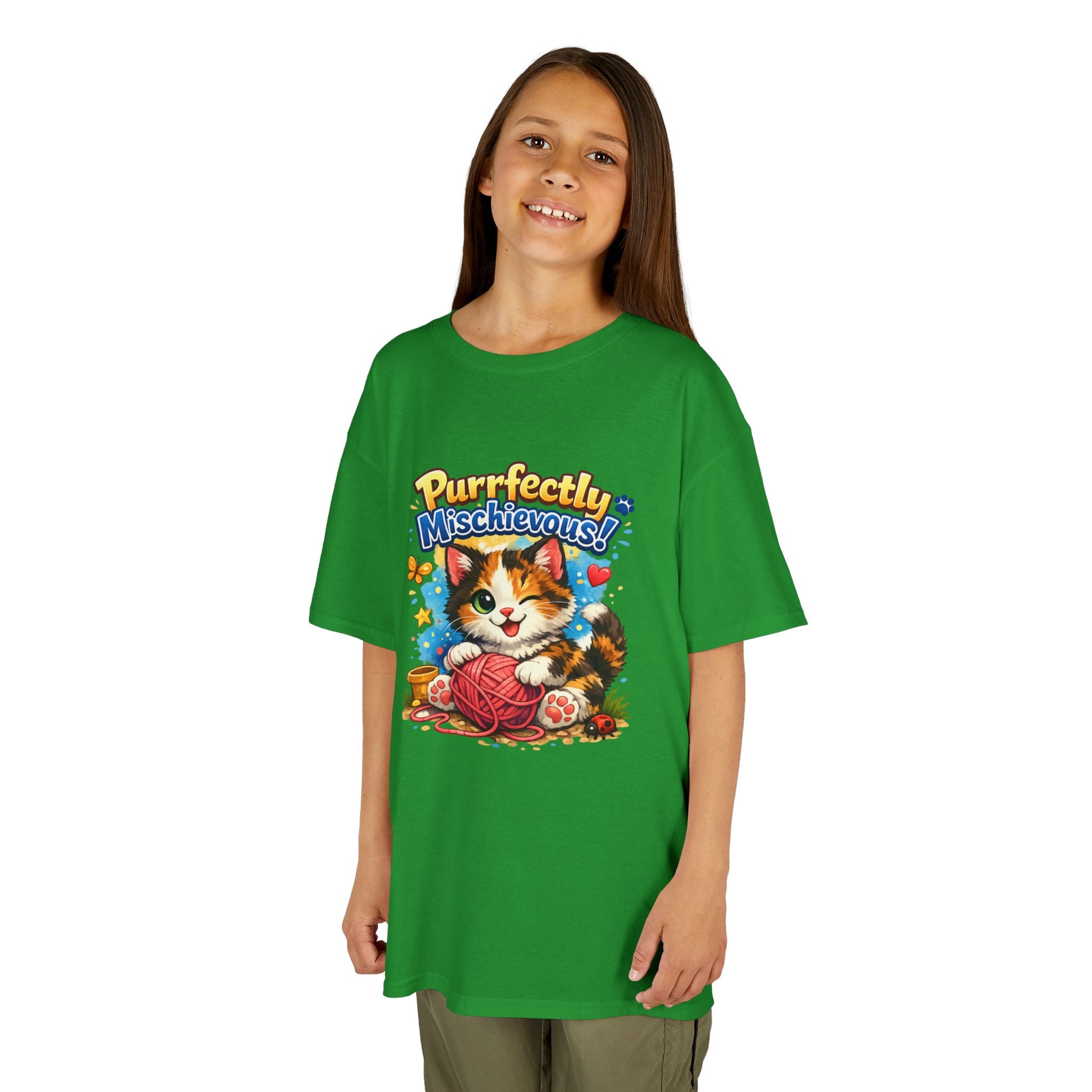 Kids T-Shirt — "Purrfectly Mischievous" Cute Kitten Playing with Yarn