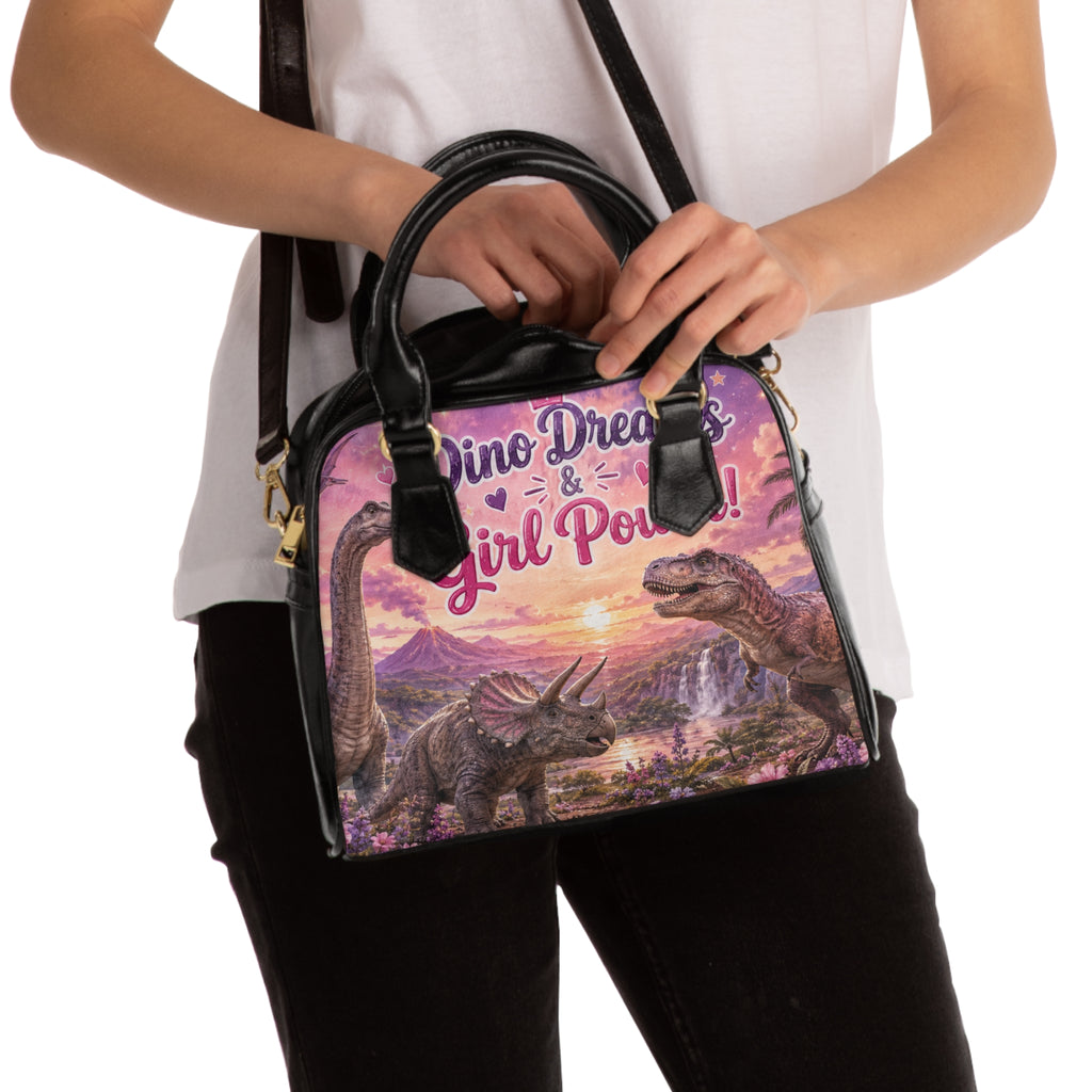 Dinosaur Dreams Shoulder Handbag — 'Dino Dreams & Girl Power' Pink Vintage Dino Purse