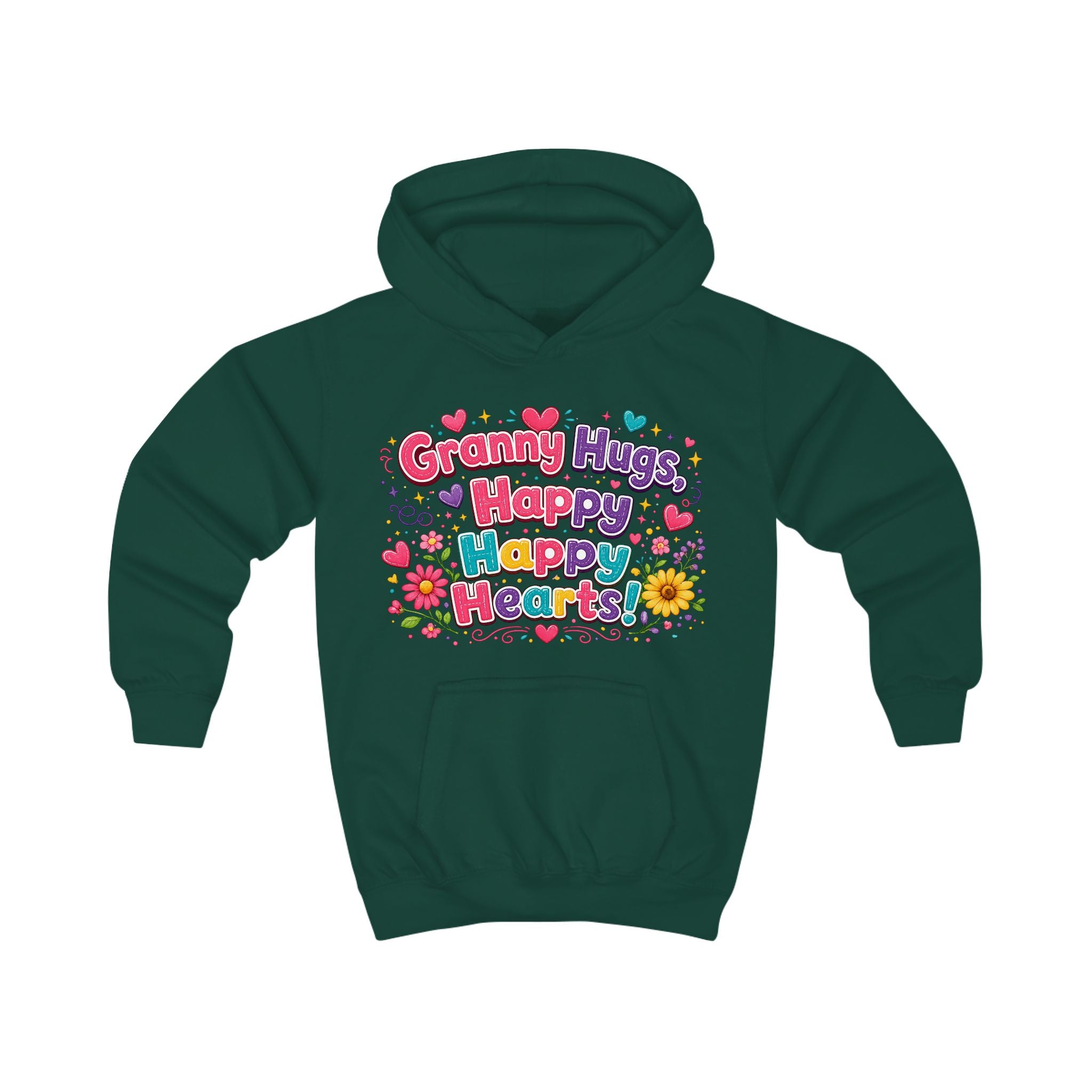 Granny Hugs Happy Happy Heart Kids Hoodie | Colorful Floral Heart Design