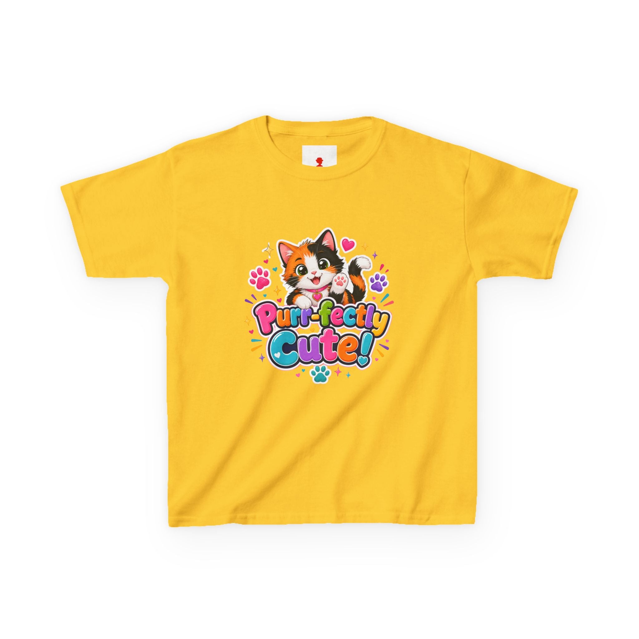 Kids Tee — “Purr-fectly Cute!” Colorful Calico Cat Graphic