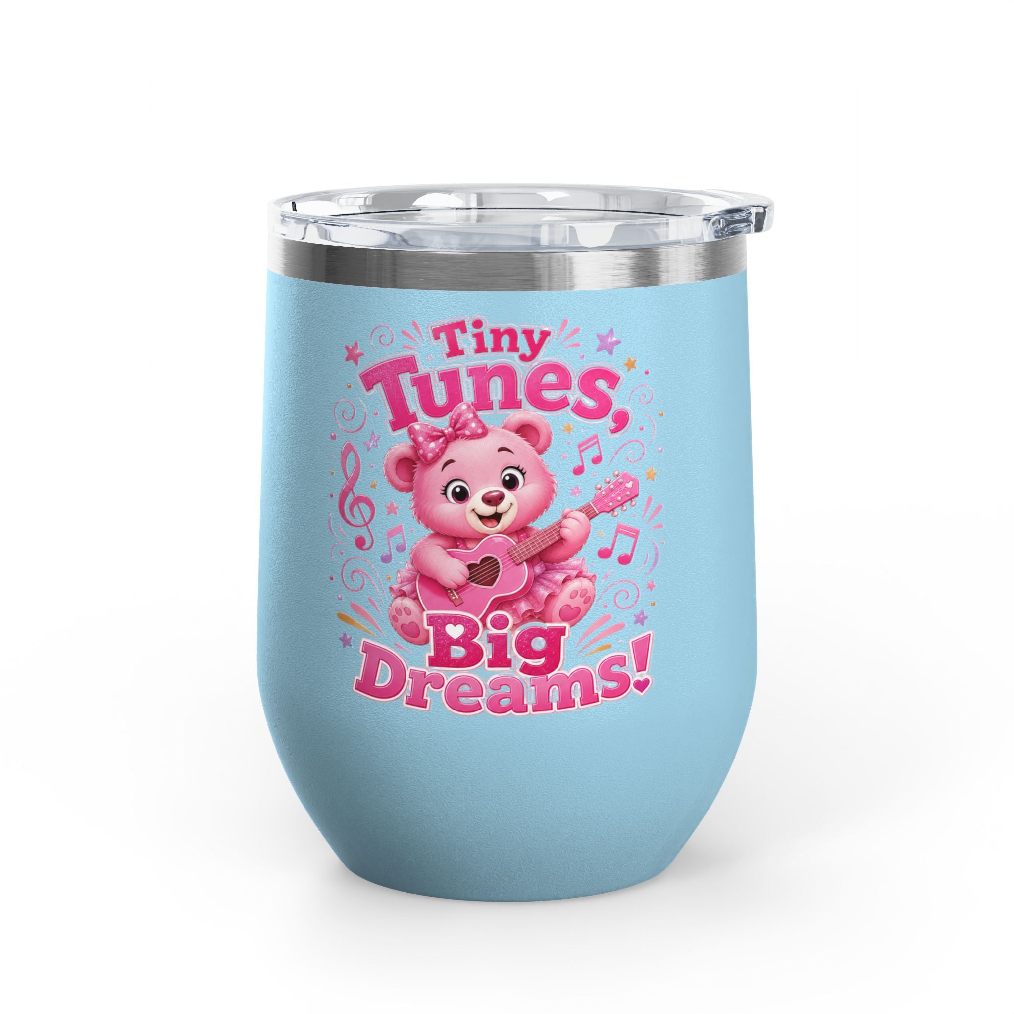 12oz Tumbler — "Tiny Tunes, Big Dreams" Cute Pink Bear Design