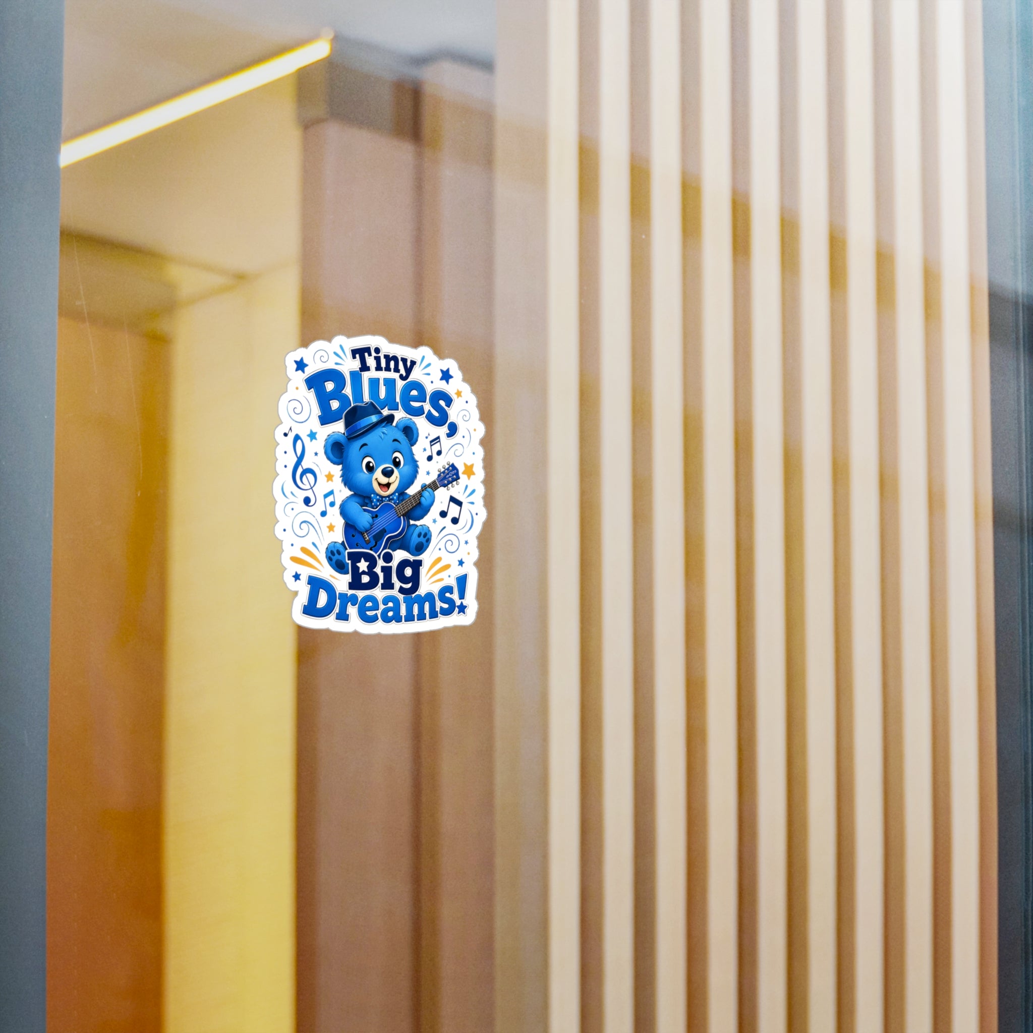 Tiny Blues Big Dreams Sticker — Cute Blue Bear Guitar Kiss-Cut Vinyl Decal