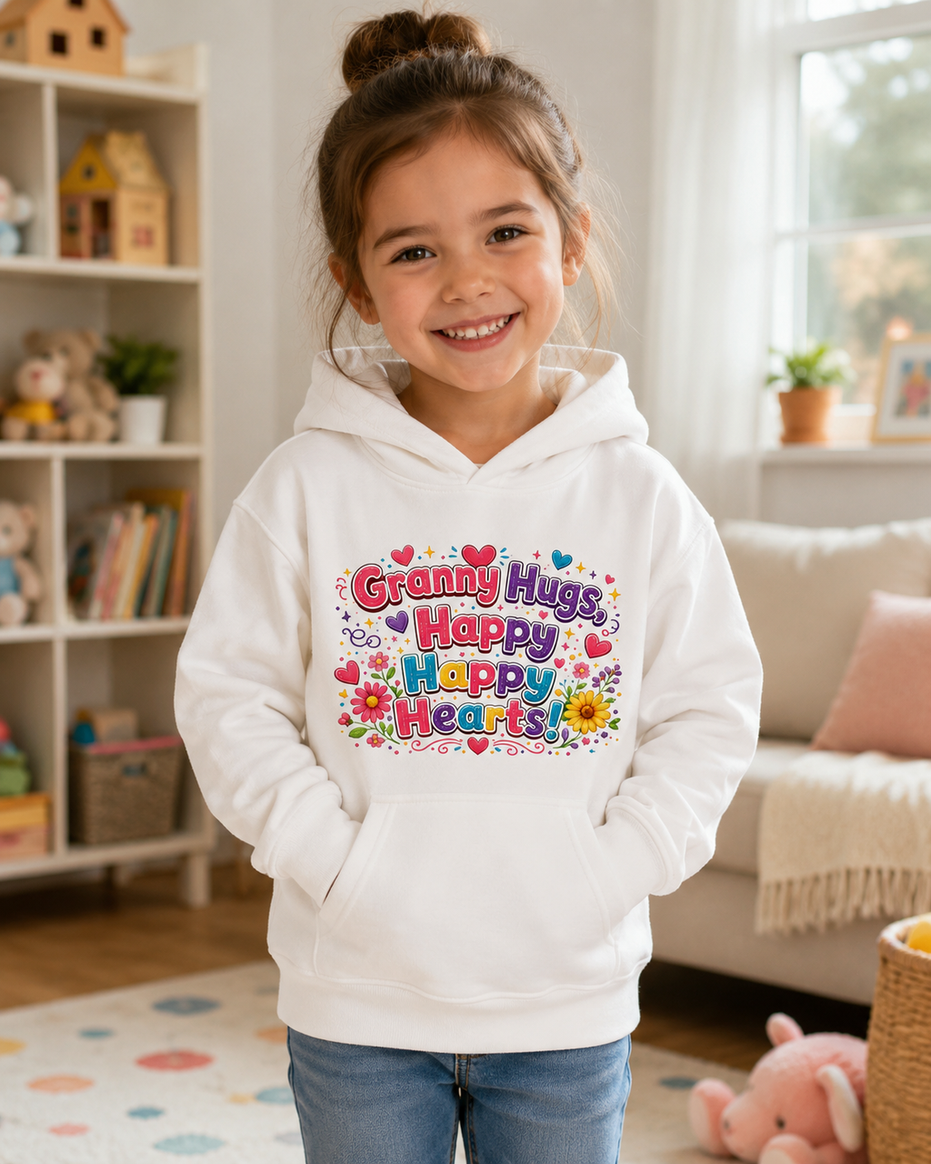 Granny Hugs Happy Happy Heart Kids Hoodie | Colorful Floral Heart Design