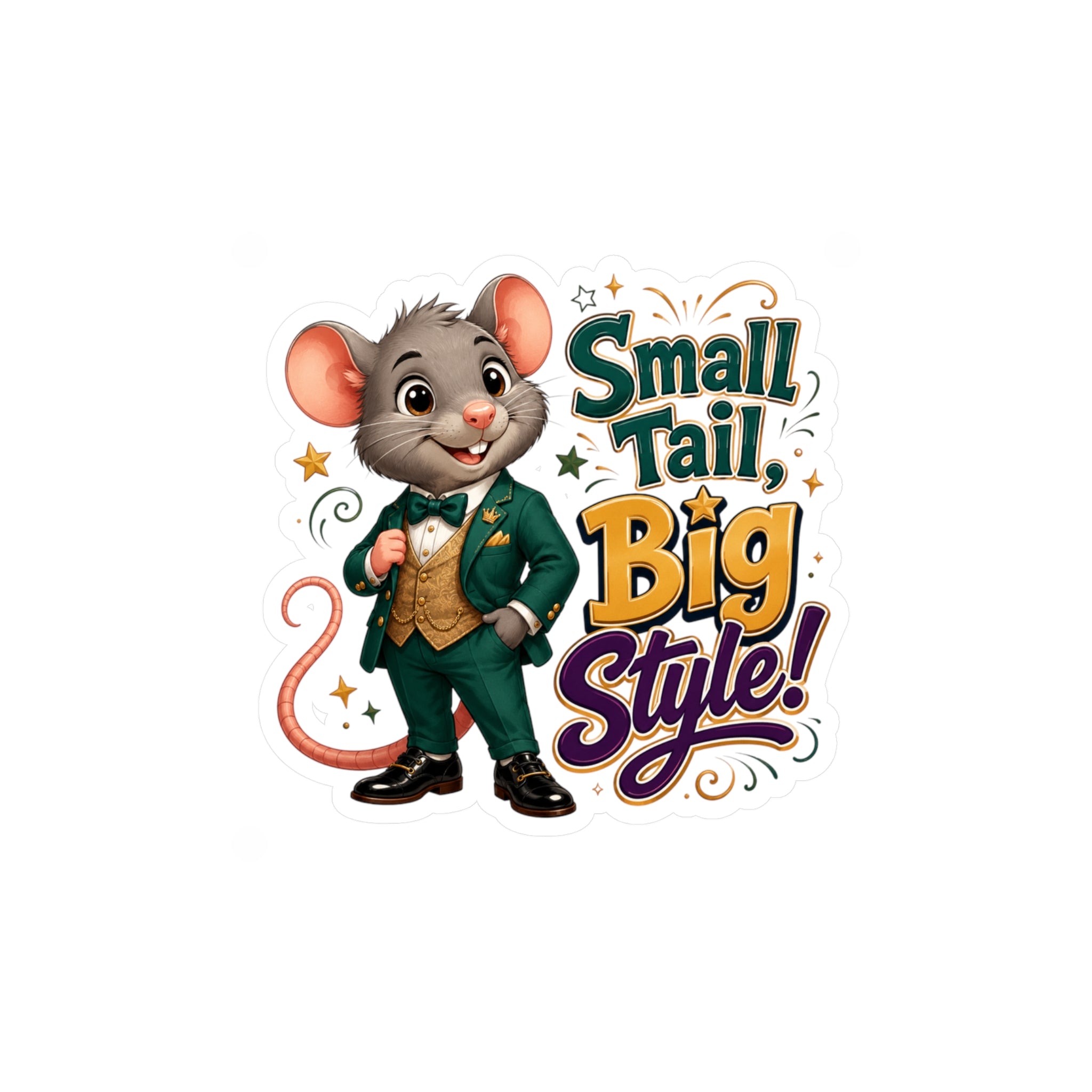 Sticker — "Small Tail, Big Style!" Cute Dressed Mouse Kiss-Cut Vinyl Decal
