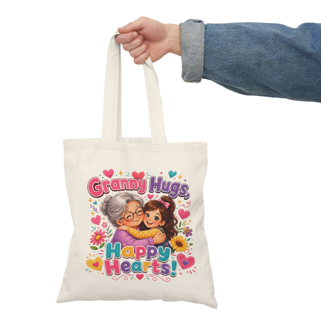 Granny Hugs Happy Hearts Tote Bag | Grandma and Child Illustration