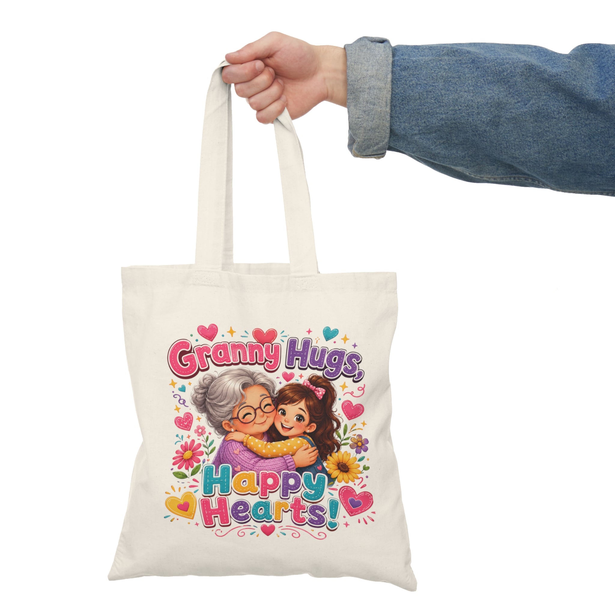 Granny Hugs Happy Hearts Tote Bag | Grandma and Child Illustration