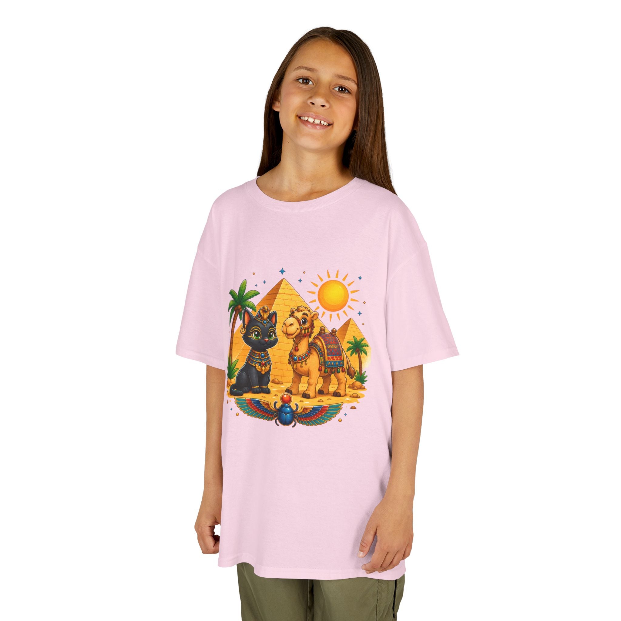 Egyptian Cats and Camel Kids Tee | Pyramid Desert Sun Illustration