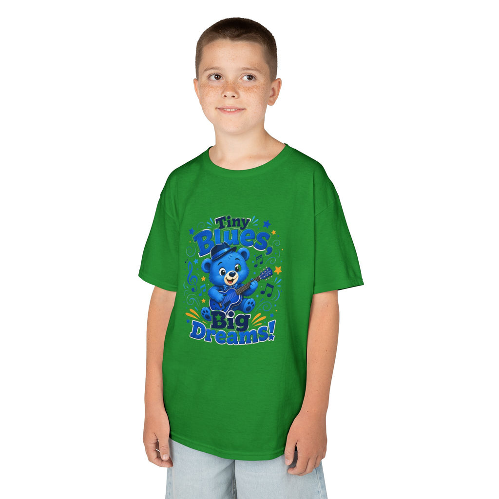 Kids Tee - "Tiny Blues, Big Dreams!" Cute Blue Bear Music Graphic