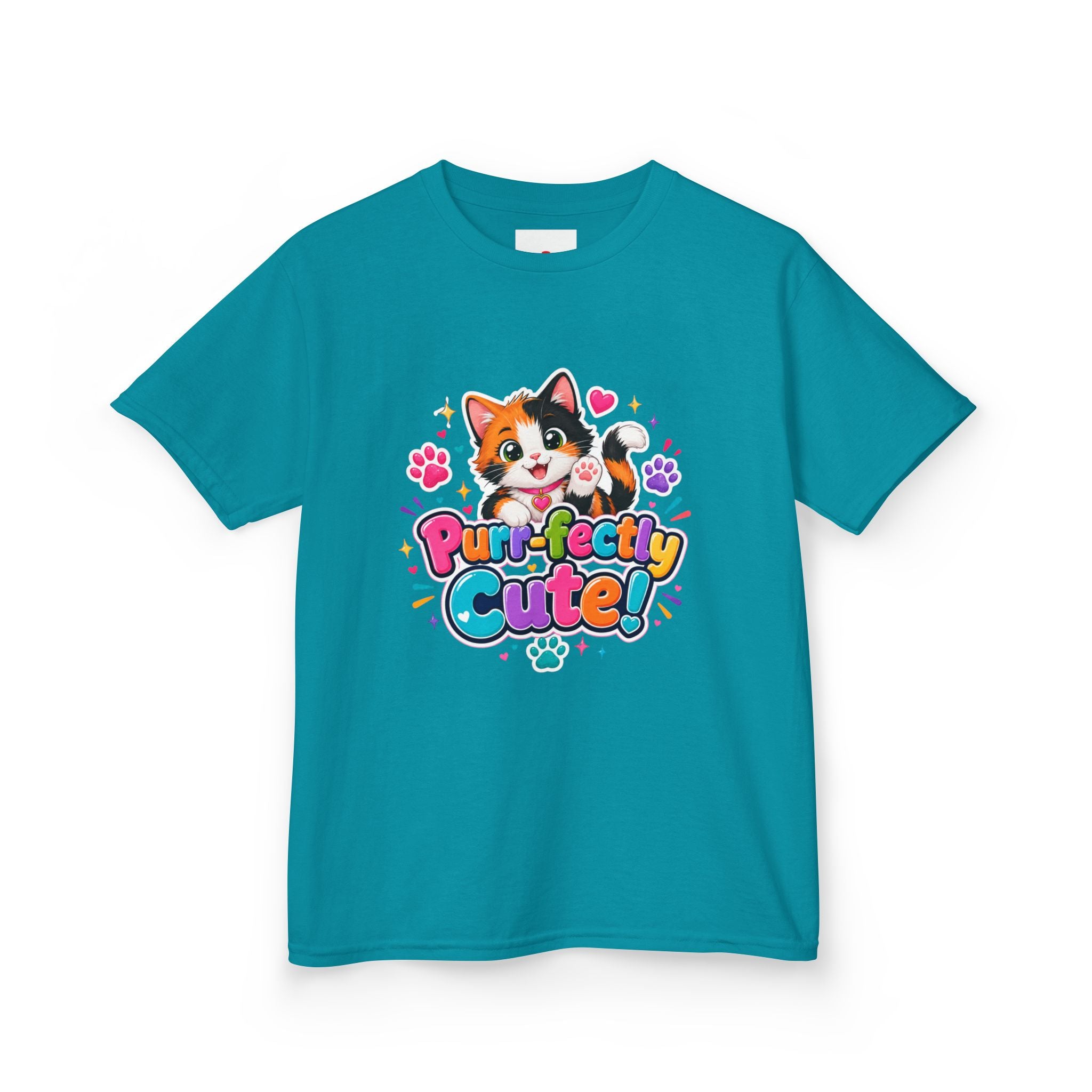 Kids Tee — “Purr-fectly Cute!” Colorful Calico Cat Graphic