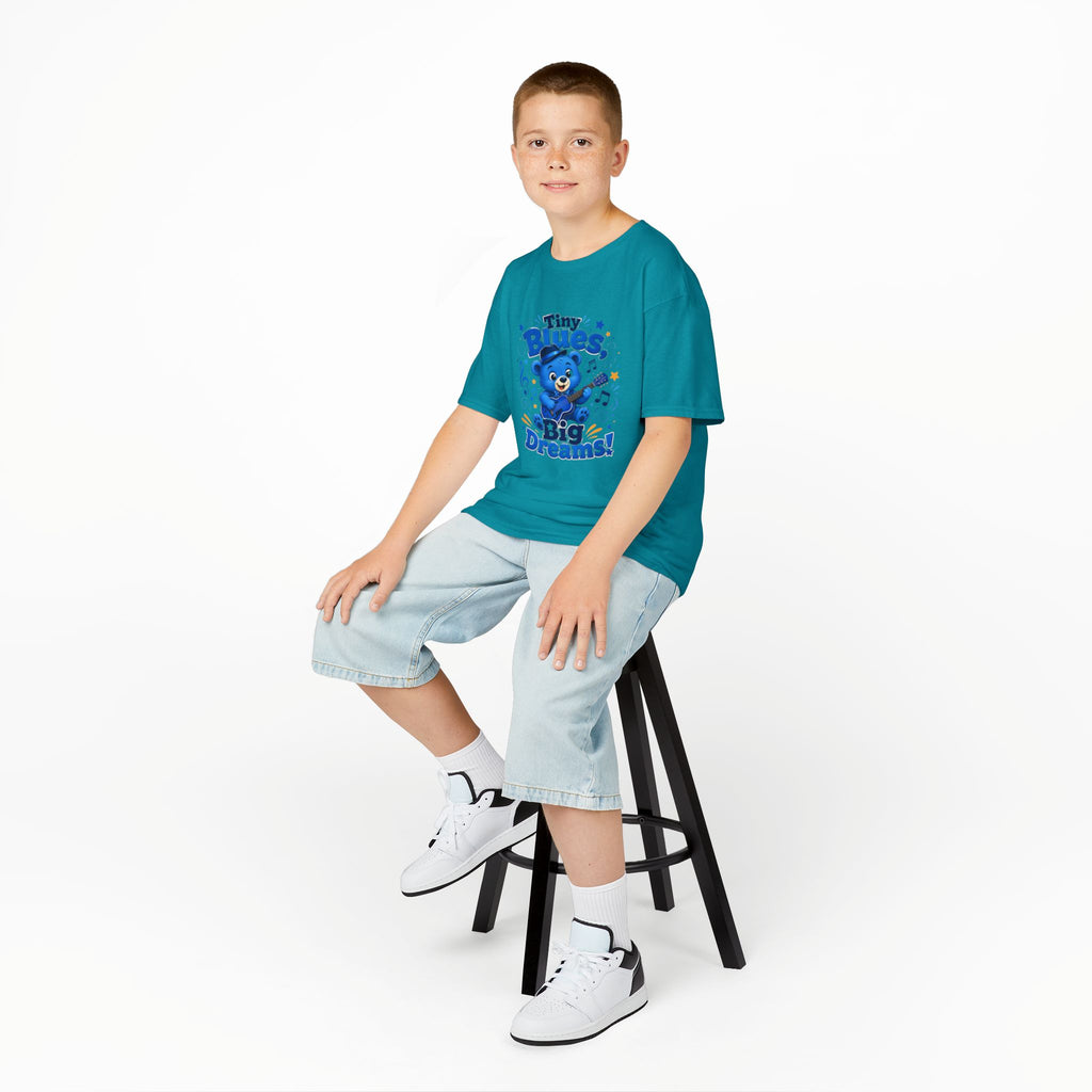 Kids Tee - "Tiny Blues, Big Dreams!" Cute Blue Bear Music Graphic