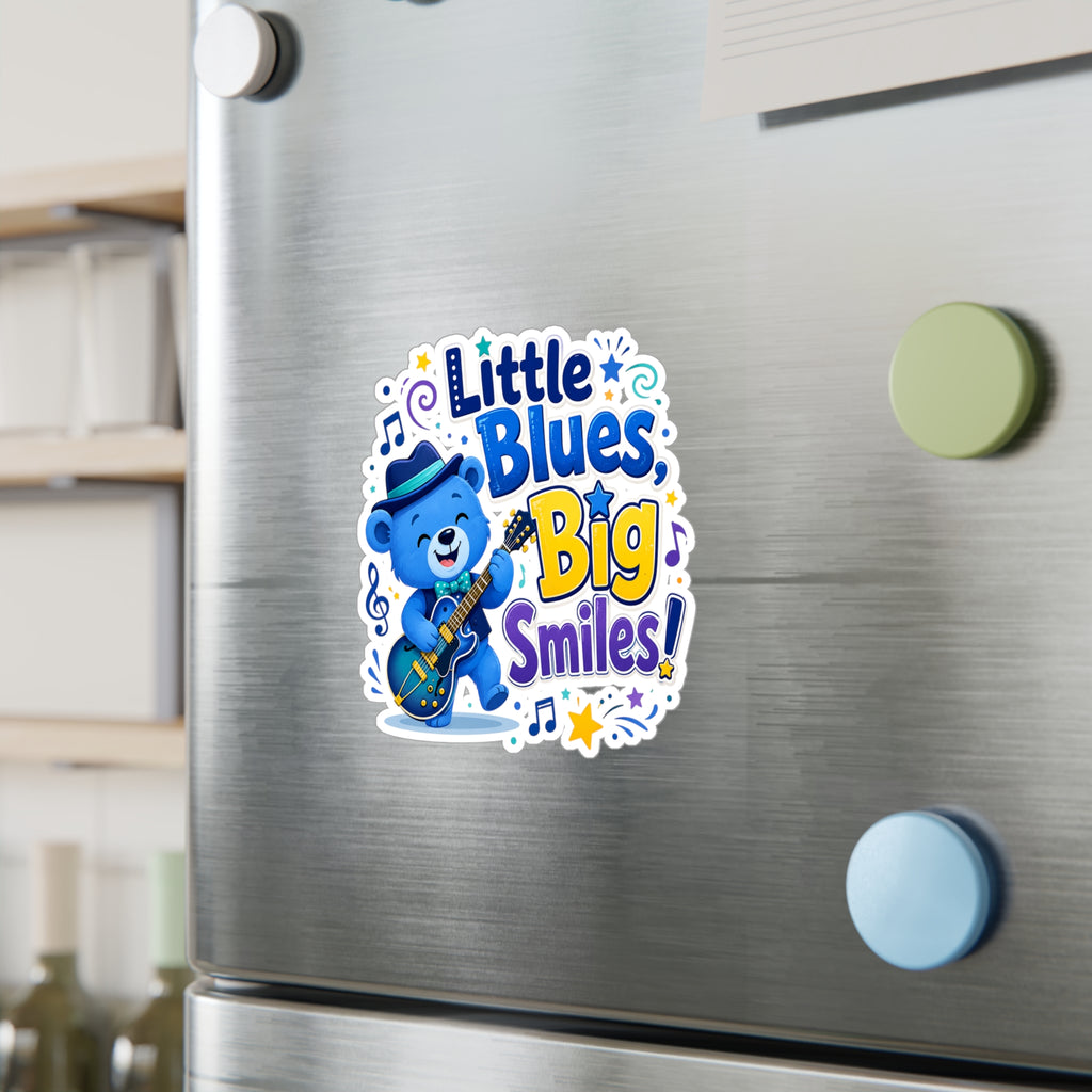 Little Blues Big Smiles Sticker — Cute Guitar Bear Kiss-Cut Vinyl Decal
