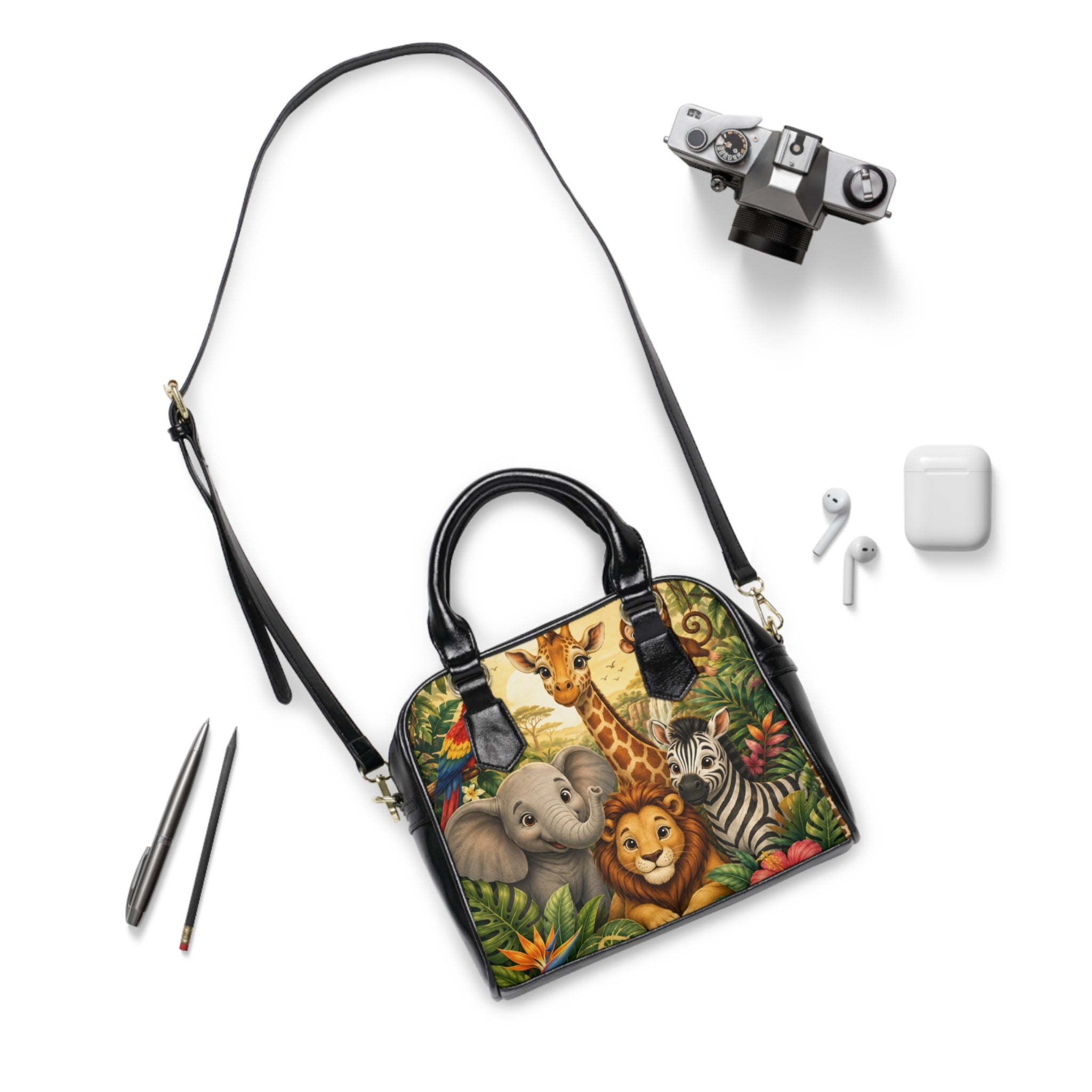 Cute Jungle Animals Shoulder Handbag | Lion Elephant Giraffe Zebra Print