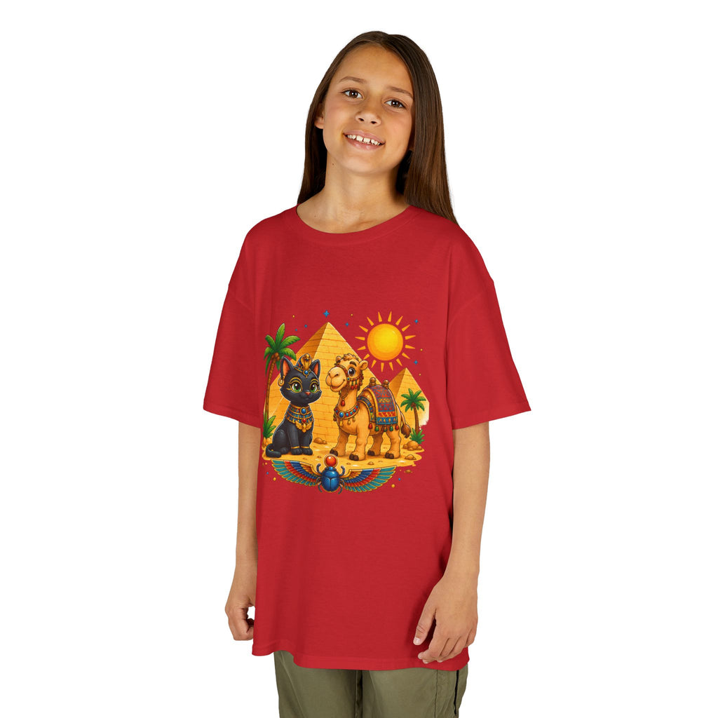 Egyptian Cats and Camel Kids Tee | Pyramid Desert Sun Illustration