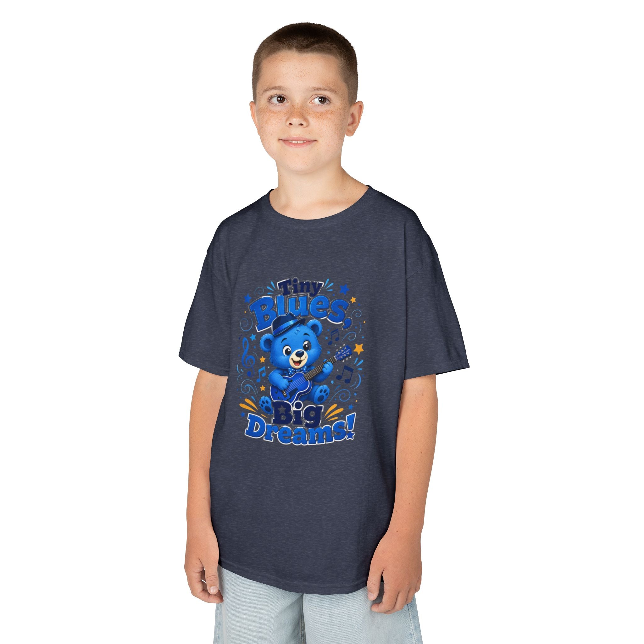 Kids Tee - "Tiny Blues, Big Dreams!" Cute Blue Bear Music Graphic