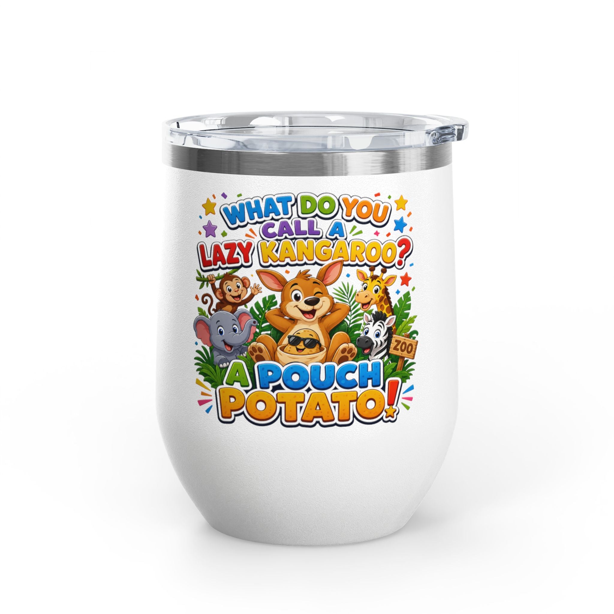 "What Do You Call a Lazy Kangaroo? A Pouch Potato!" Cute Animal Joke 12oz Insulated Tumbler