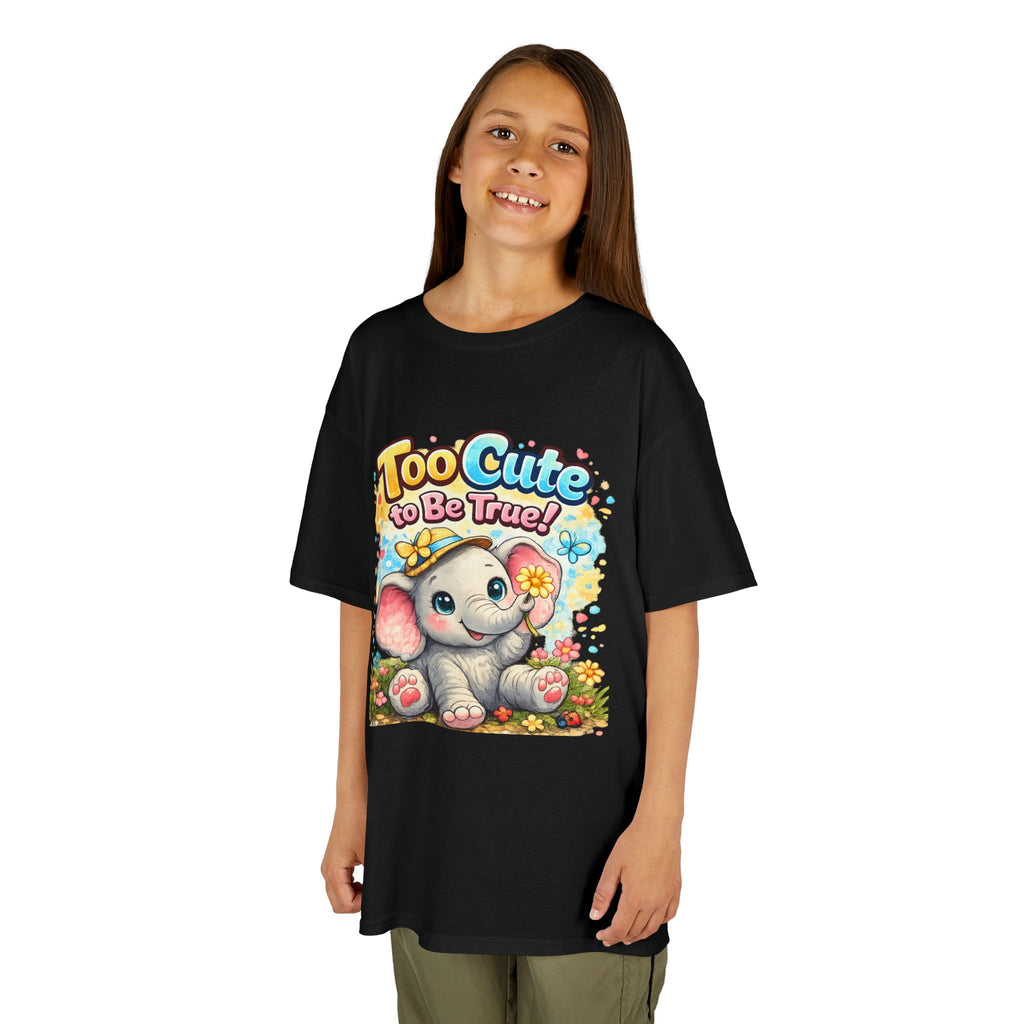 Kids Tee — "Too Cute to Be True" Elephant Graphic