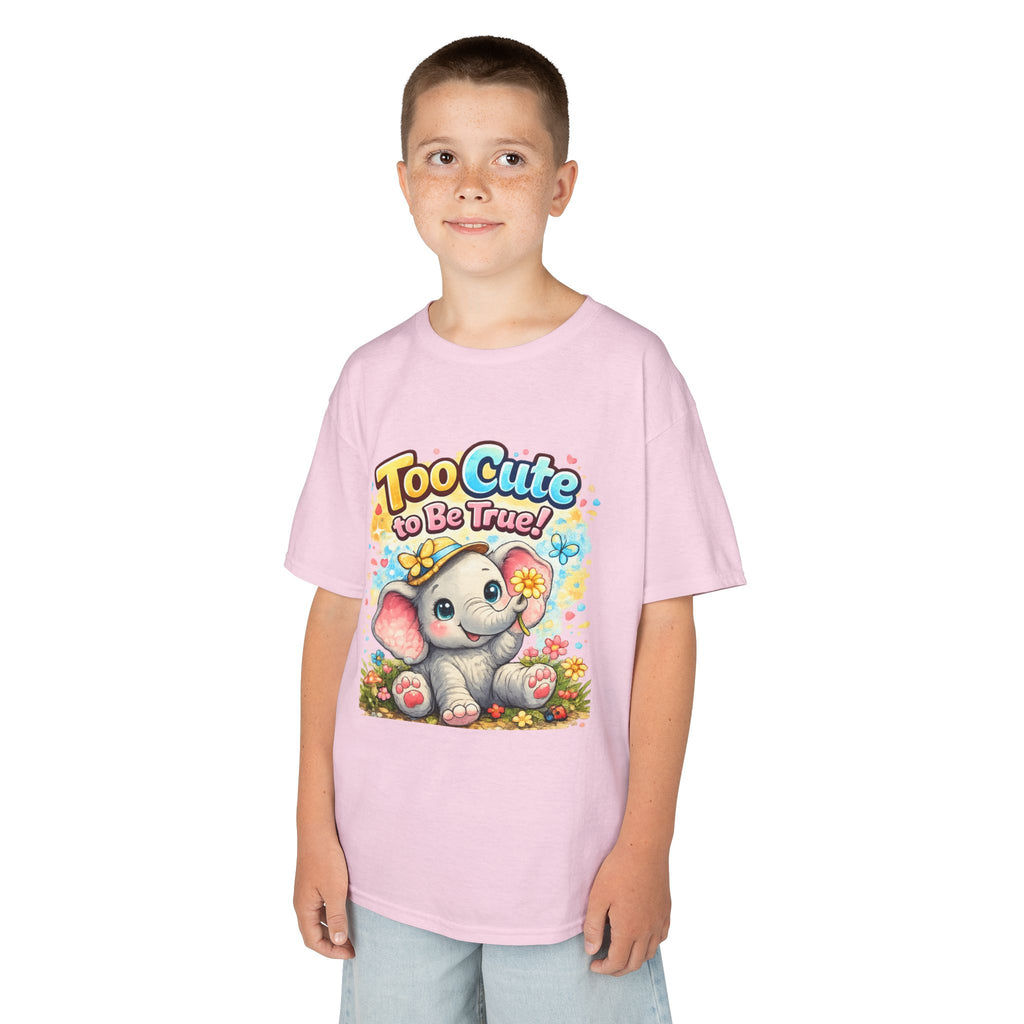 Kids Tee — "Too Cute to Be True" Elephant Graphic