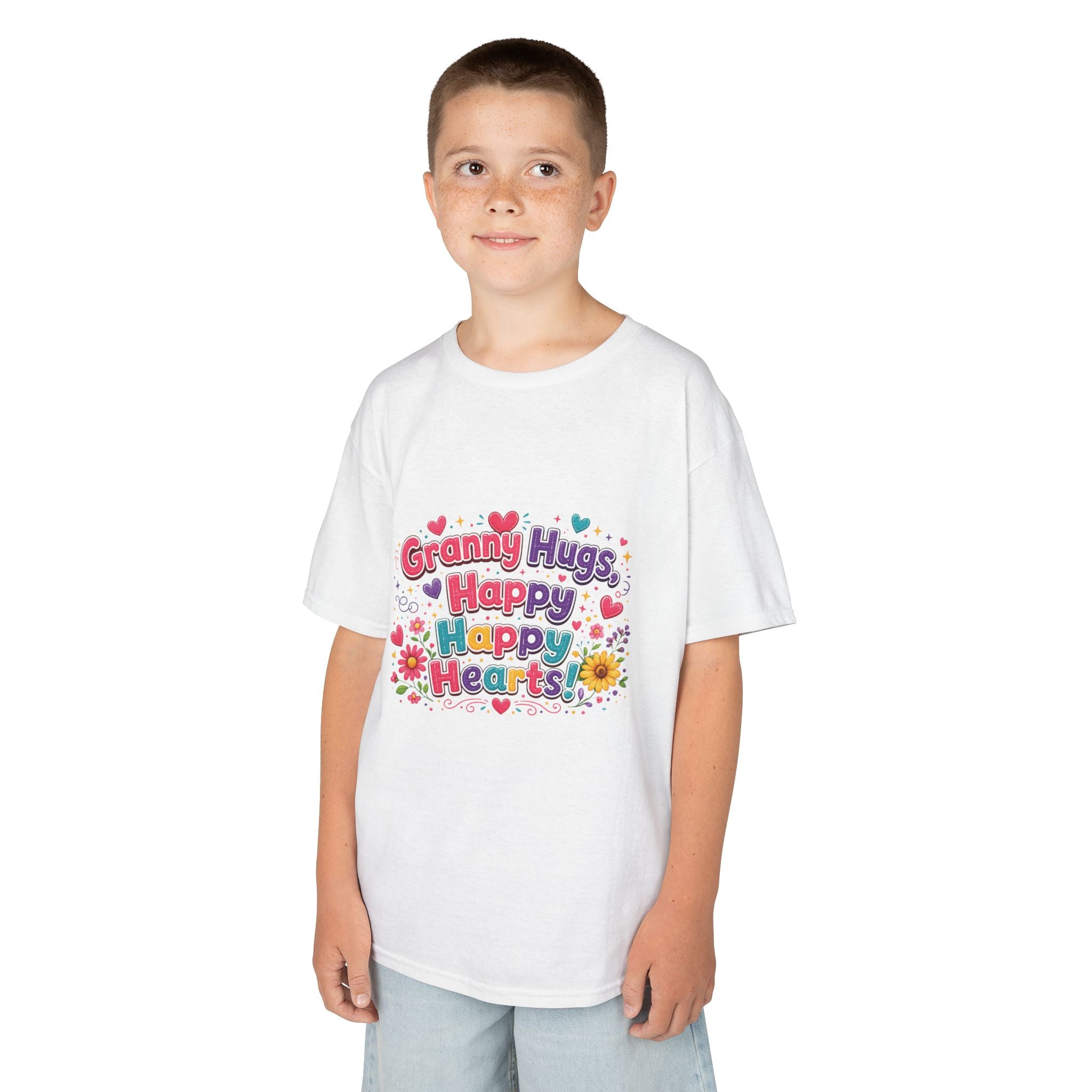 Granny Hugs Happy Hearts Kids Tee | Colorful Floral Kids Shirt