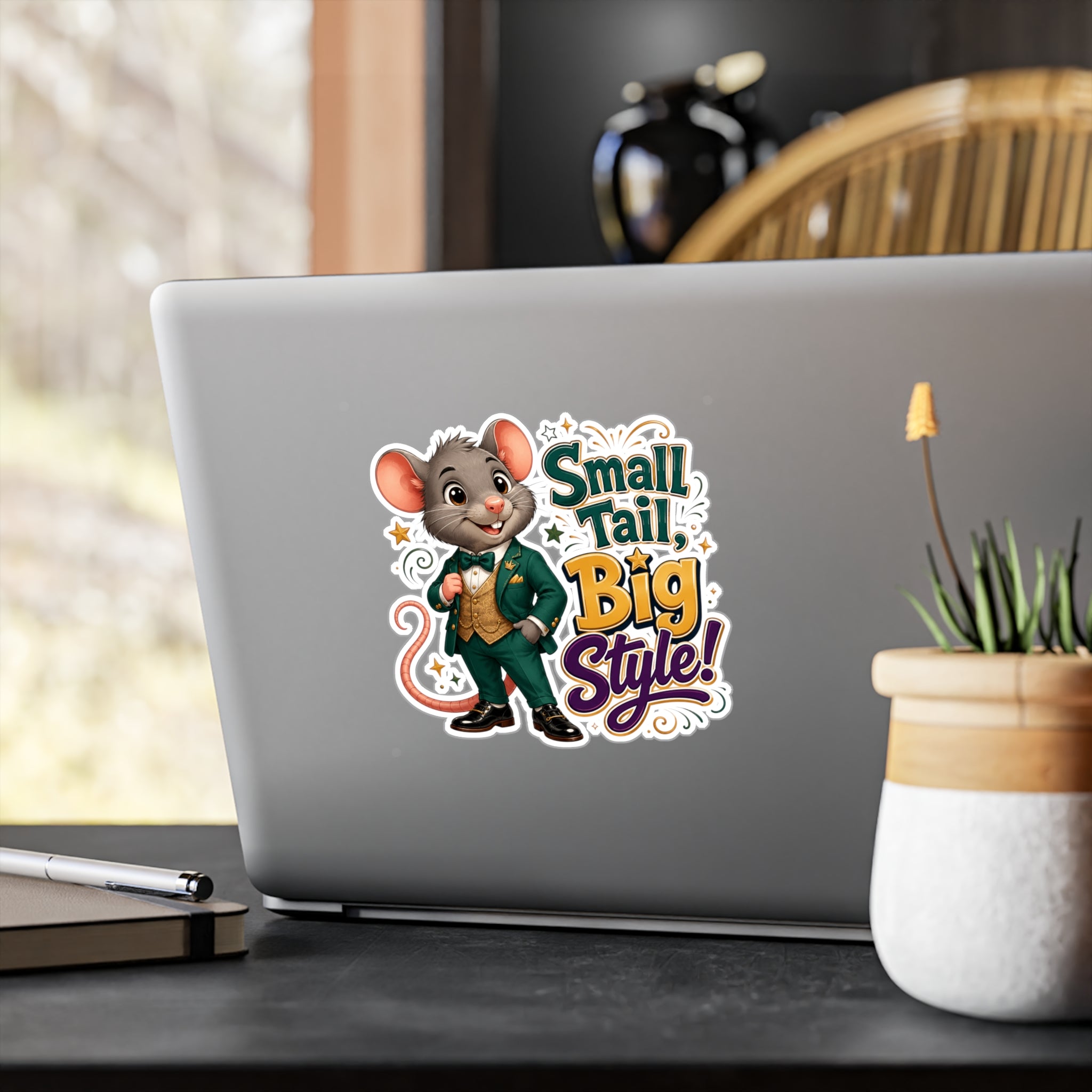 Sticker — "Small Tail, Big Style!" Cute Dressed Mouse Kiss-Cut Vinyl Decal
