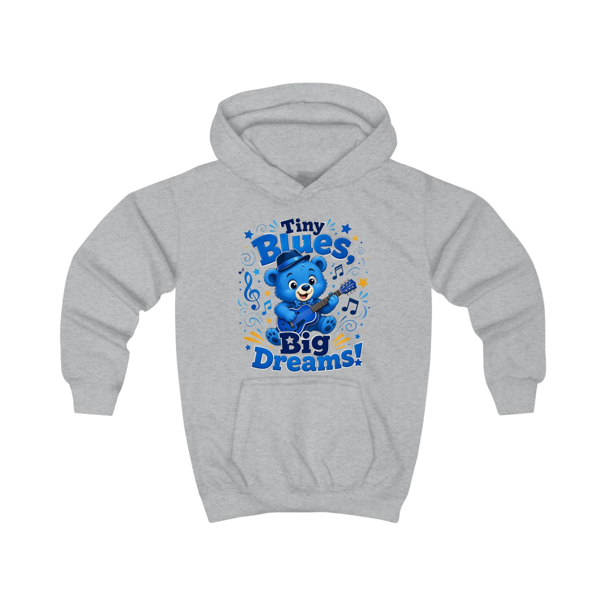 Kids Hoodie - "Tiny Blues Big Dreams" Cute Blue Bear Music Hoodie for Children
