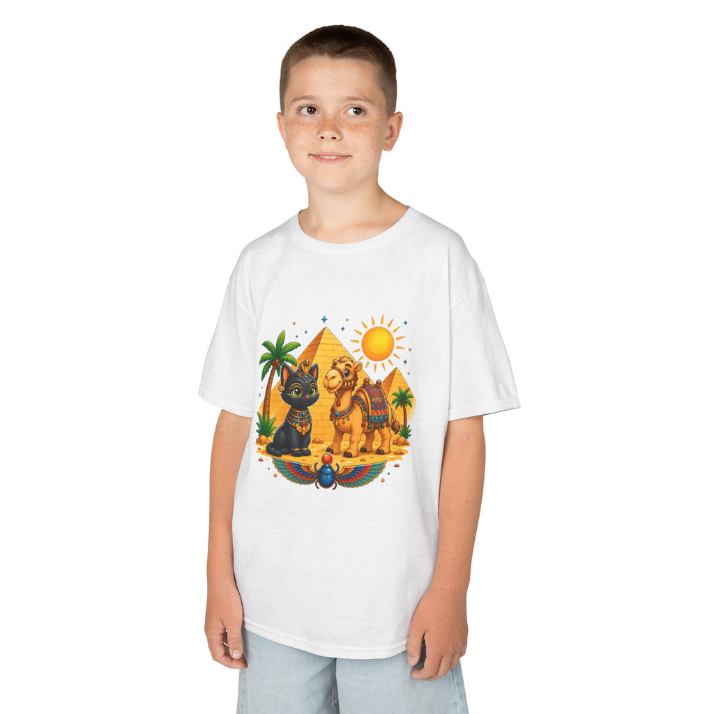 Egyptian Cats and Camel Kids Tee | Pyramid Desert Sun Illustration