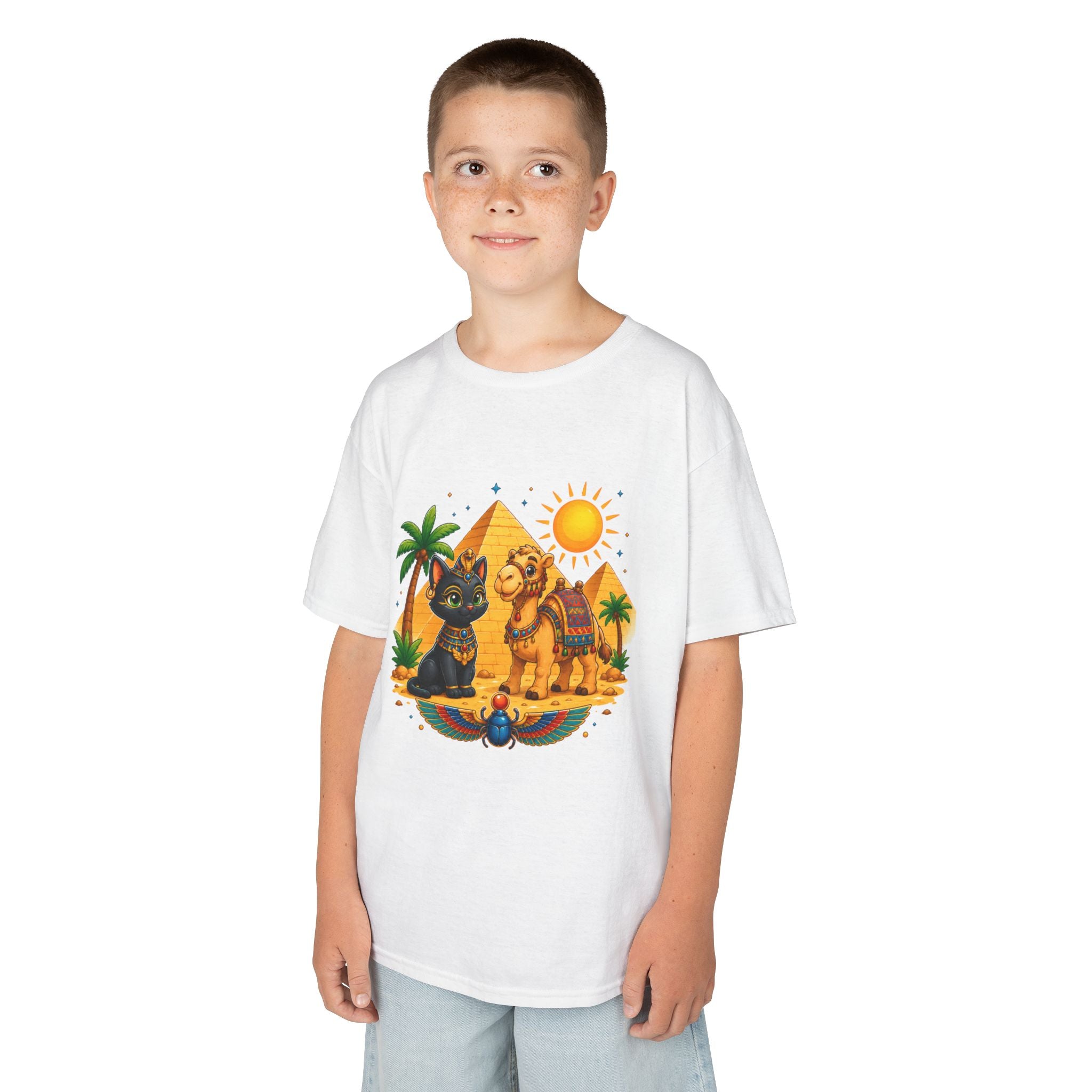 Egyptian Cats and Camel Kids Tee | Pyramid Desert Sun Illustration
