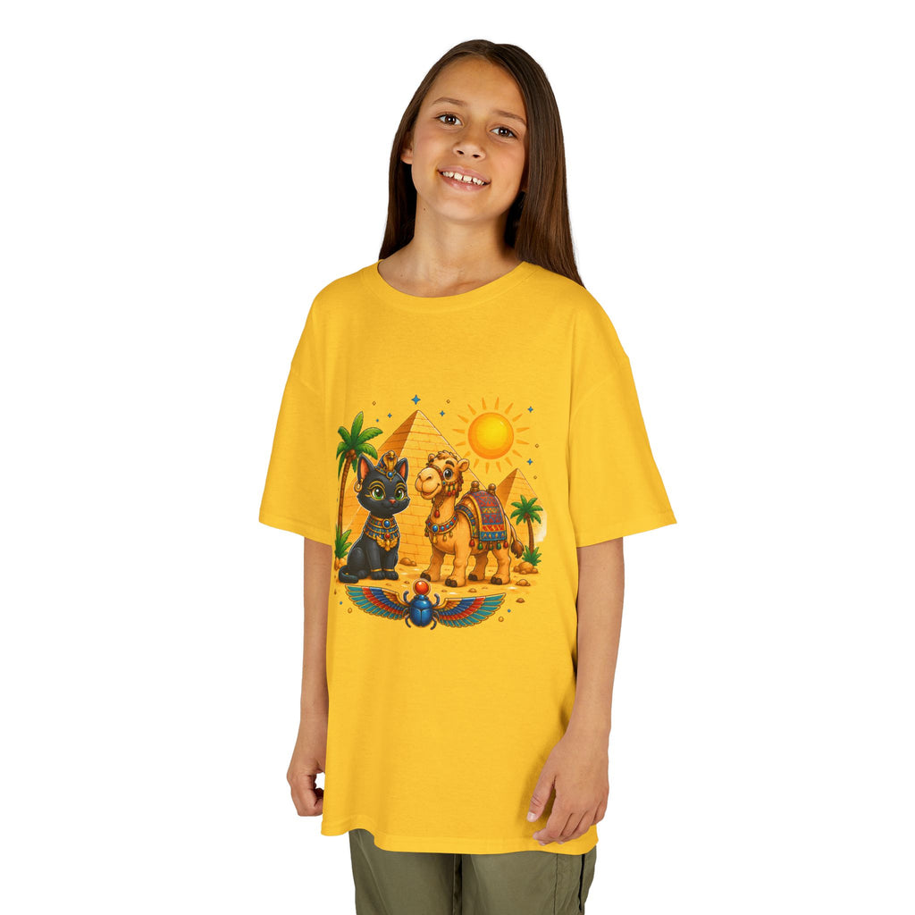 Egyptian Cats and Camel Kids Tee | Pyramid Desert Sun Illustration