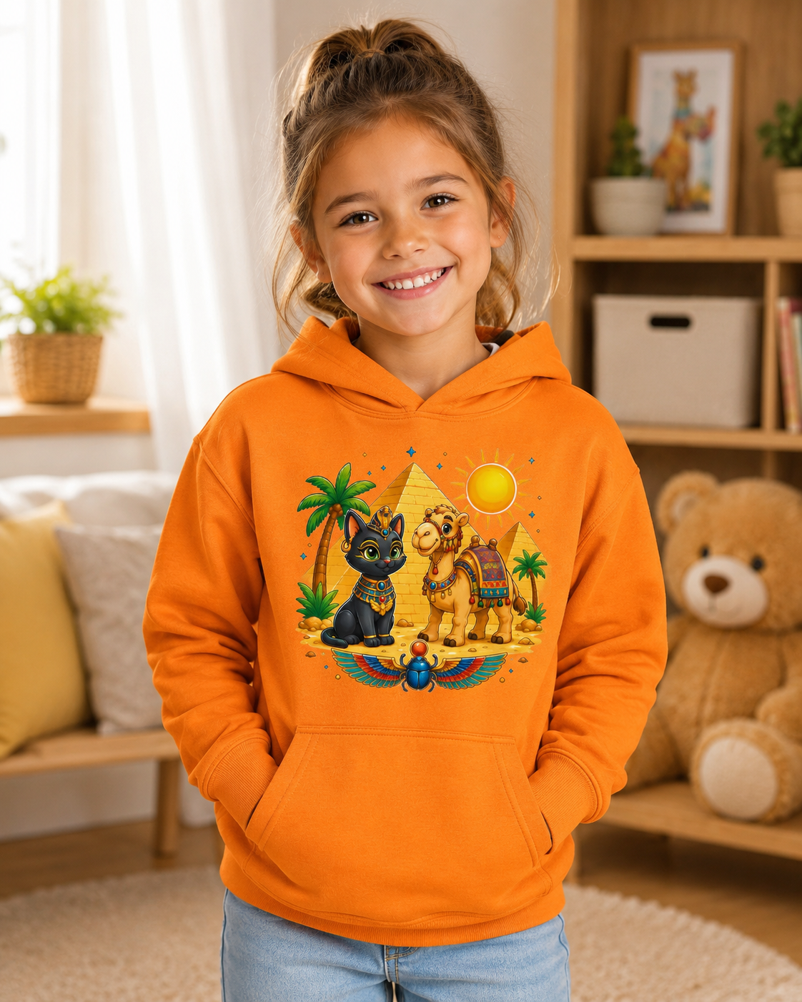Egyptian Cats with Camel Kids Hoodie | Pyramid, Palm Trees, Sun