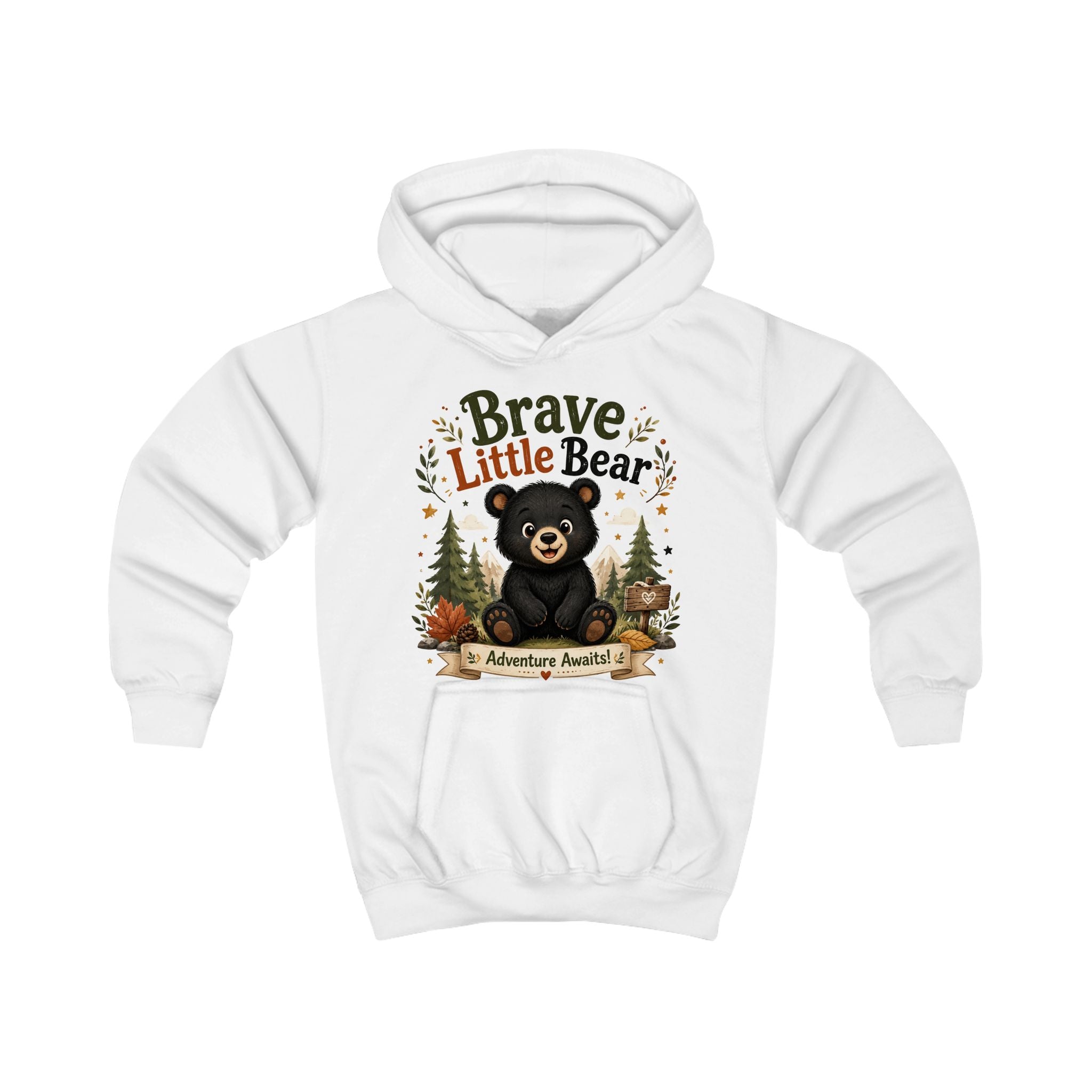 Brave Little Bear Kids Hoodie — 'Adventure Awaits' Woodland Bear Sweatshirt