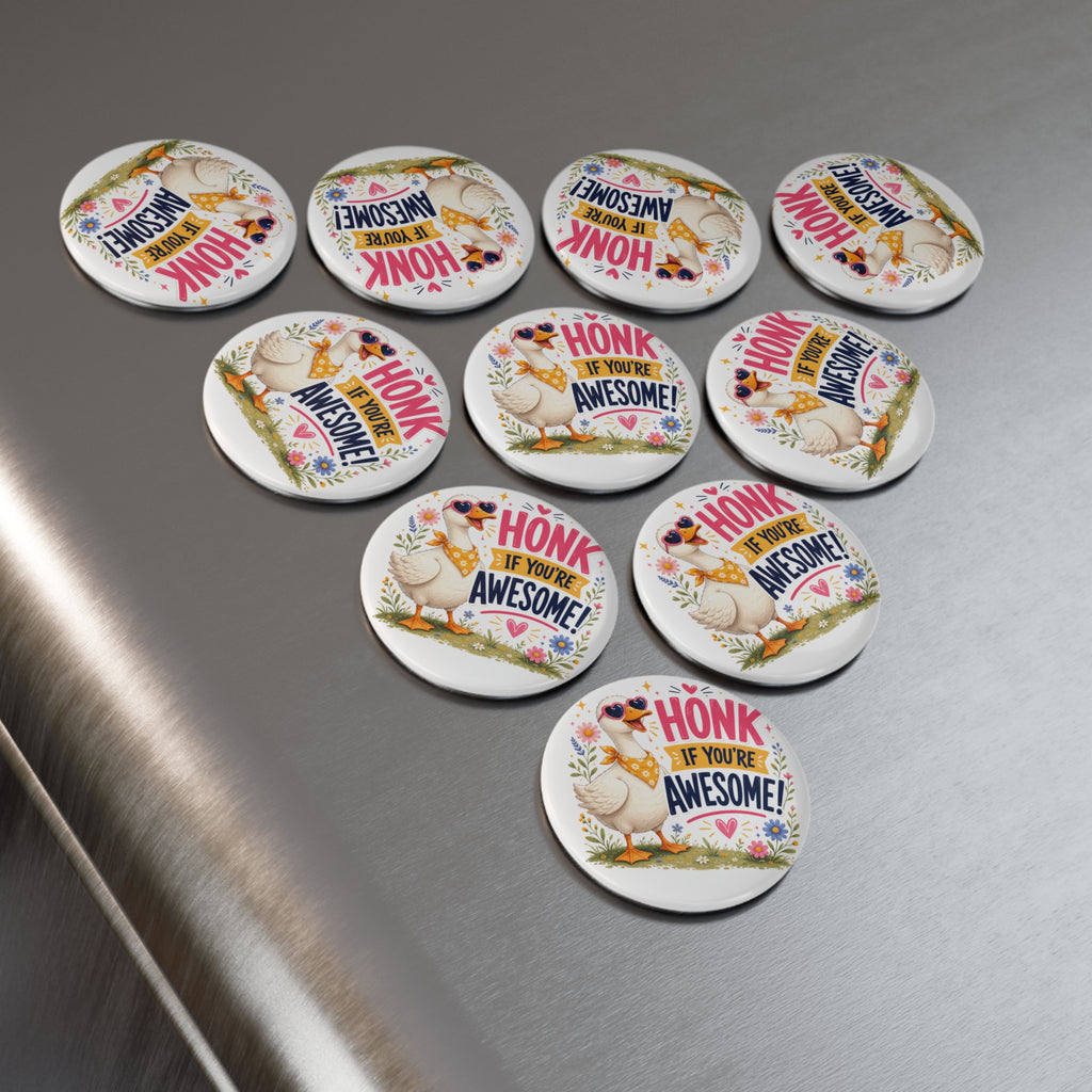 Honk If You’re Awesome Round Button Magnet — Cute Goose Floral Design