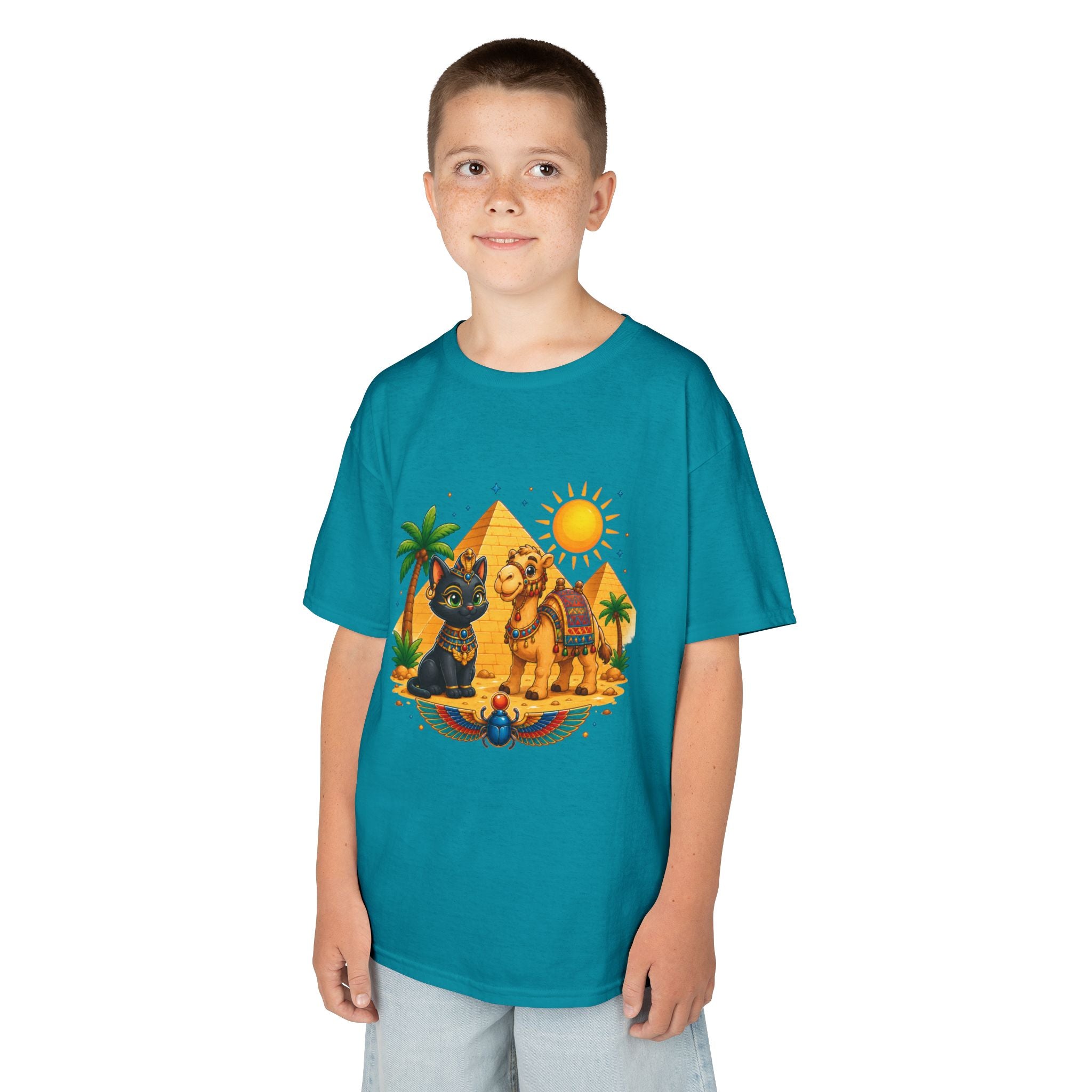 Egyptian Cats and Camel Kids Tee | Pyramid Desert Sun Illustration