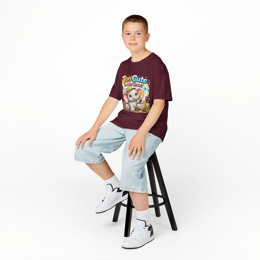 Kids Tee — "Too Cute to Be True" Elephant Graphic