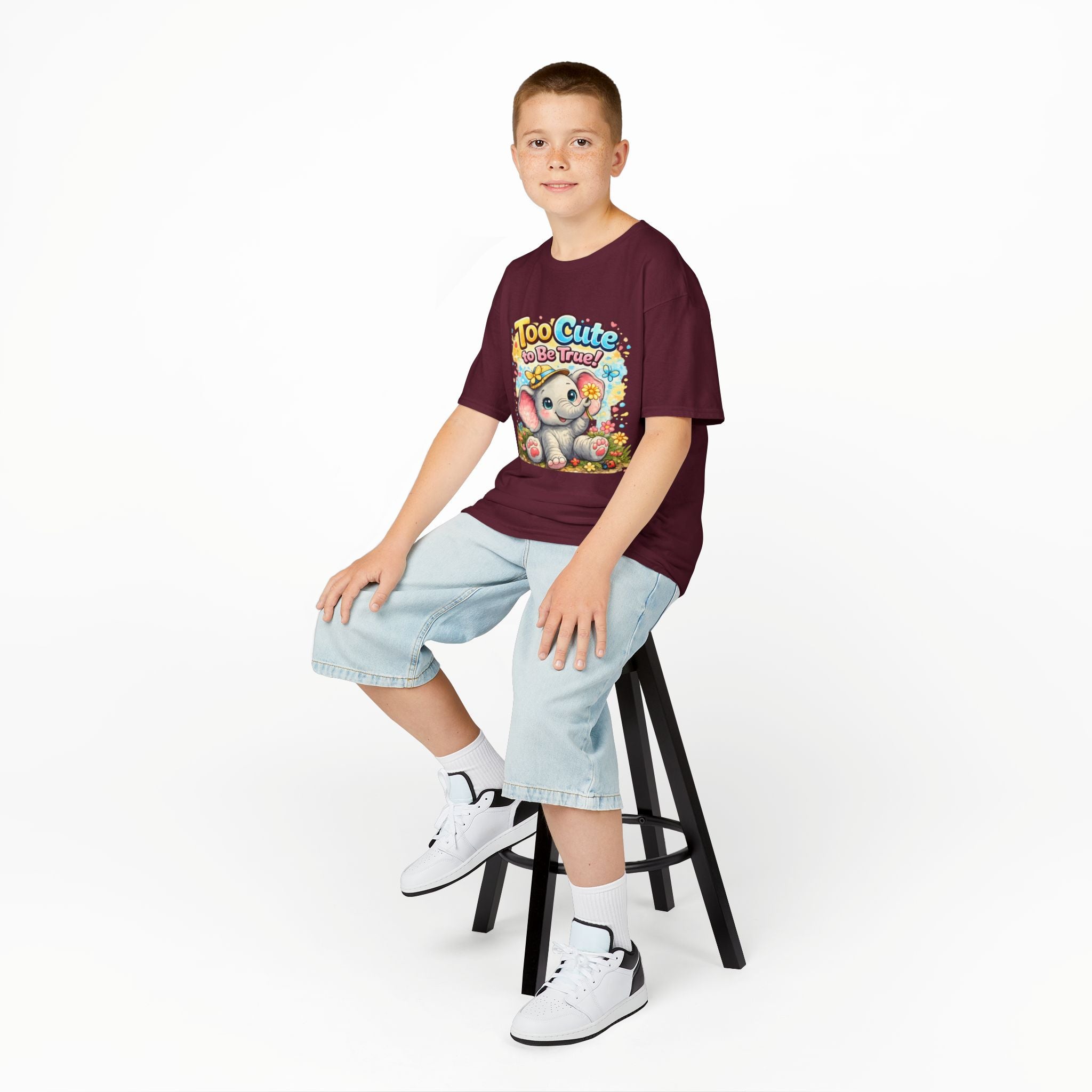Kids Tee — "Too Cute to Be True" Elephant Graphic
