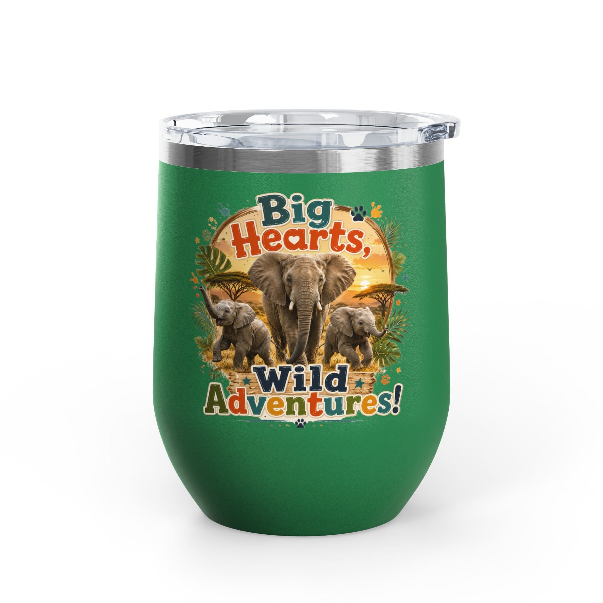 12oz Tumbler — "Big Hearts, Wild Adventures!" Elephant Safari Travel Cup